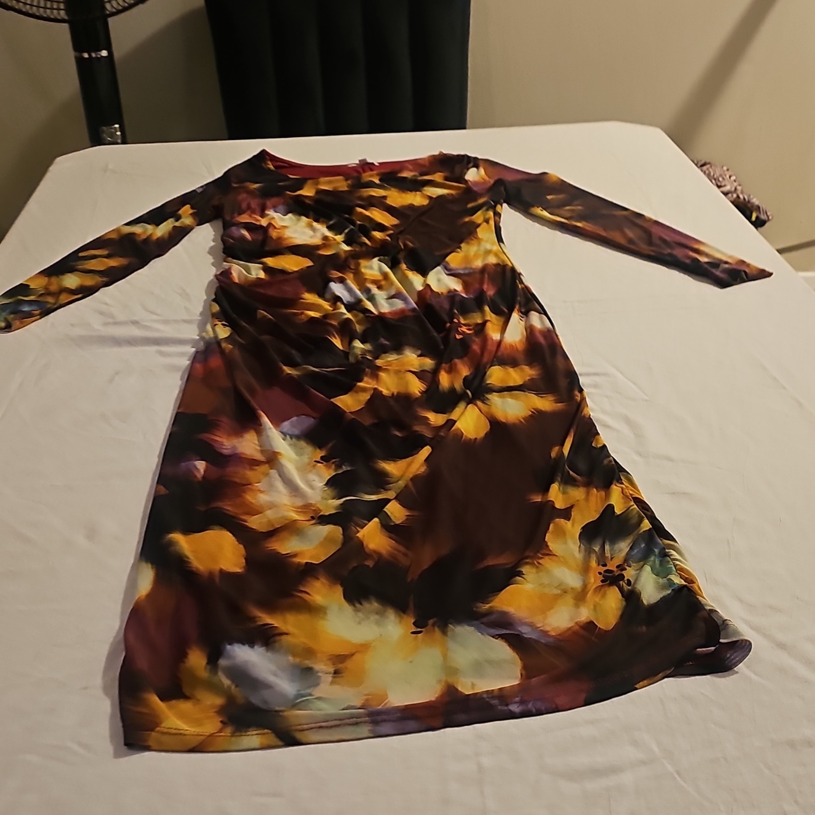 Kathy Ireland Women’s V Neck 3/4 Sleeve Floral Dress Brown Yellow Burgundy