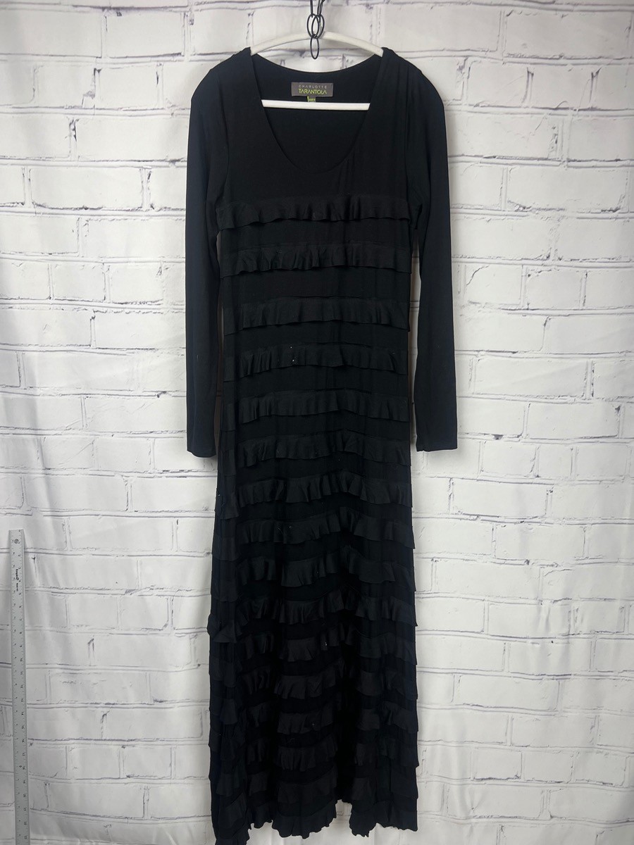 Charlotte Tarantola Black Tiered Ruffle Long Sleeve Midi Dress M