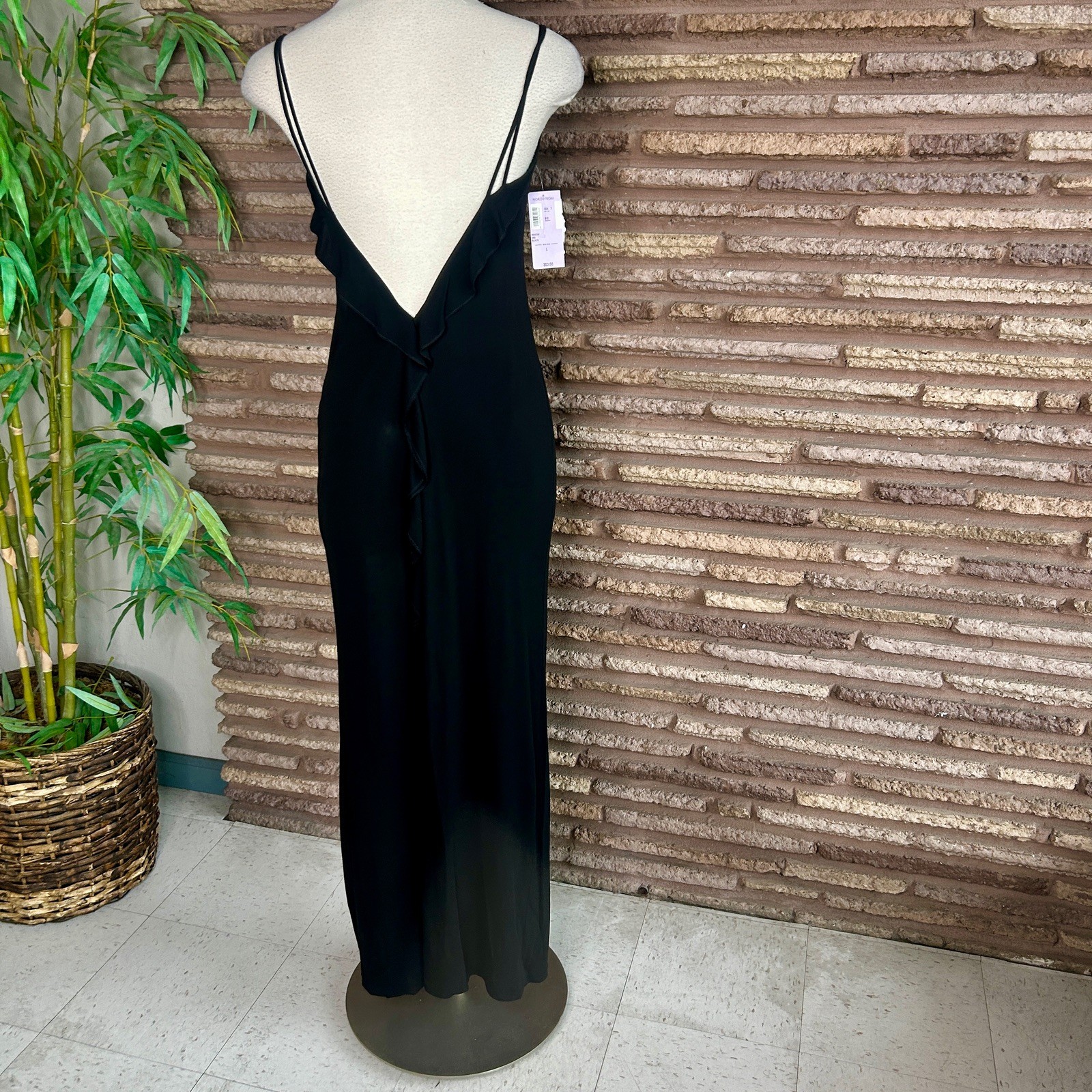 Maria Bianca Nero Black Slip Maxi Dress Ball Gown Deep V in the Back $302 NWT