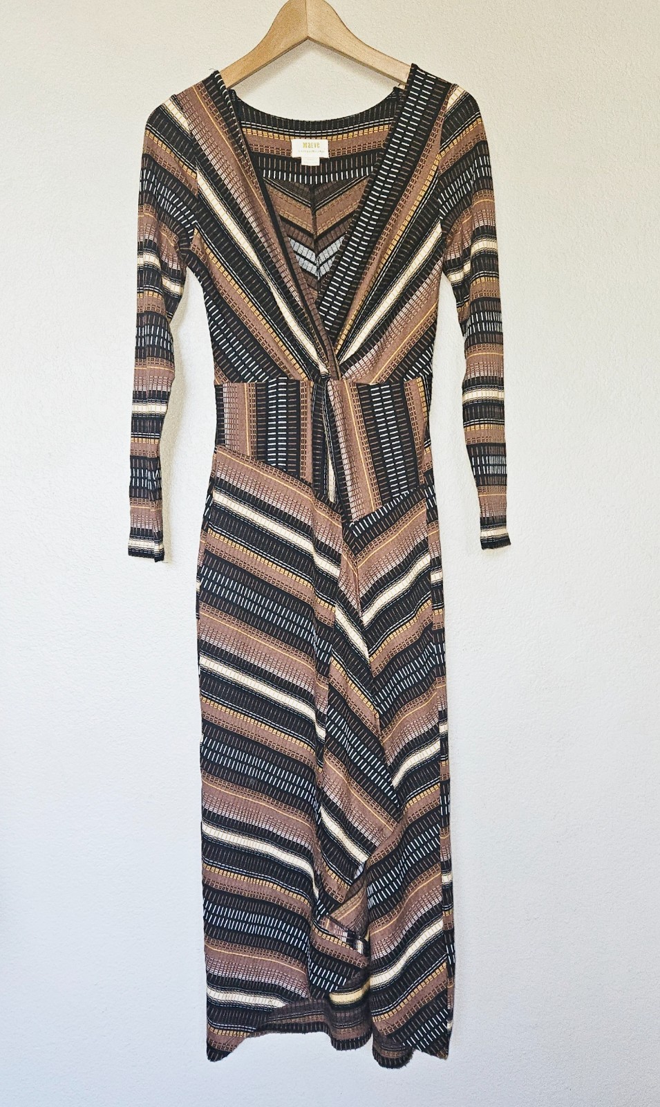 Maeve Striped Wrap Midi Dress XS Textured Brown Black Gold 70s Mod Anthropologie