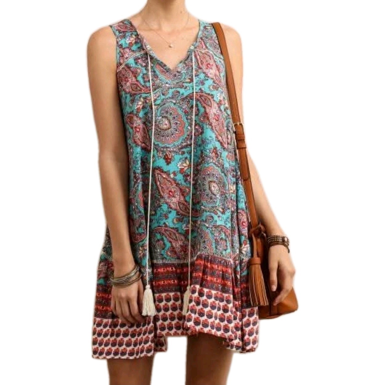 SOIEBLU Medium Sleeveless Paisley Tassle Neck Mini Boho Dress Turquoise Orange