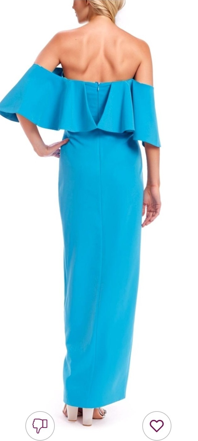 Jewel Badgley Mischka Cheery Off Shoulder Popover Gown Slit Wrap Turquoise sz 6