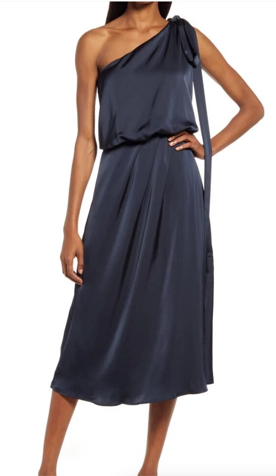 NWT Amylynn Satin One Shoulder Tie Sash Asymmetrical Midi Dress Small Women Blue
