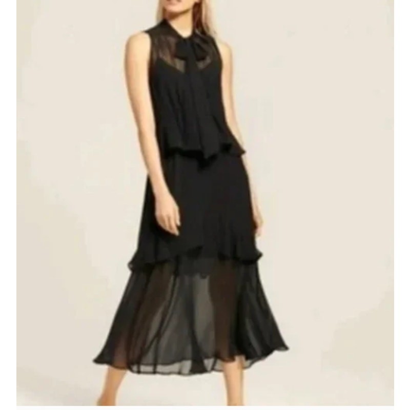 Who What Wear Black Ruffled Tiered Dress Chiffon Sleeveless Midi Sz M Tie Neck