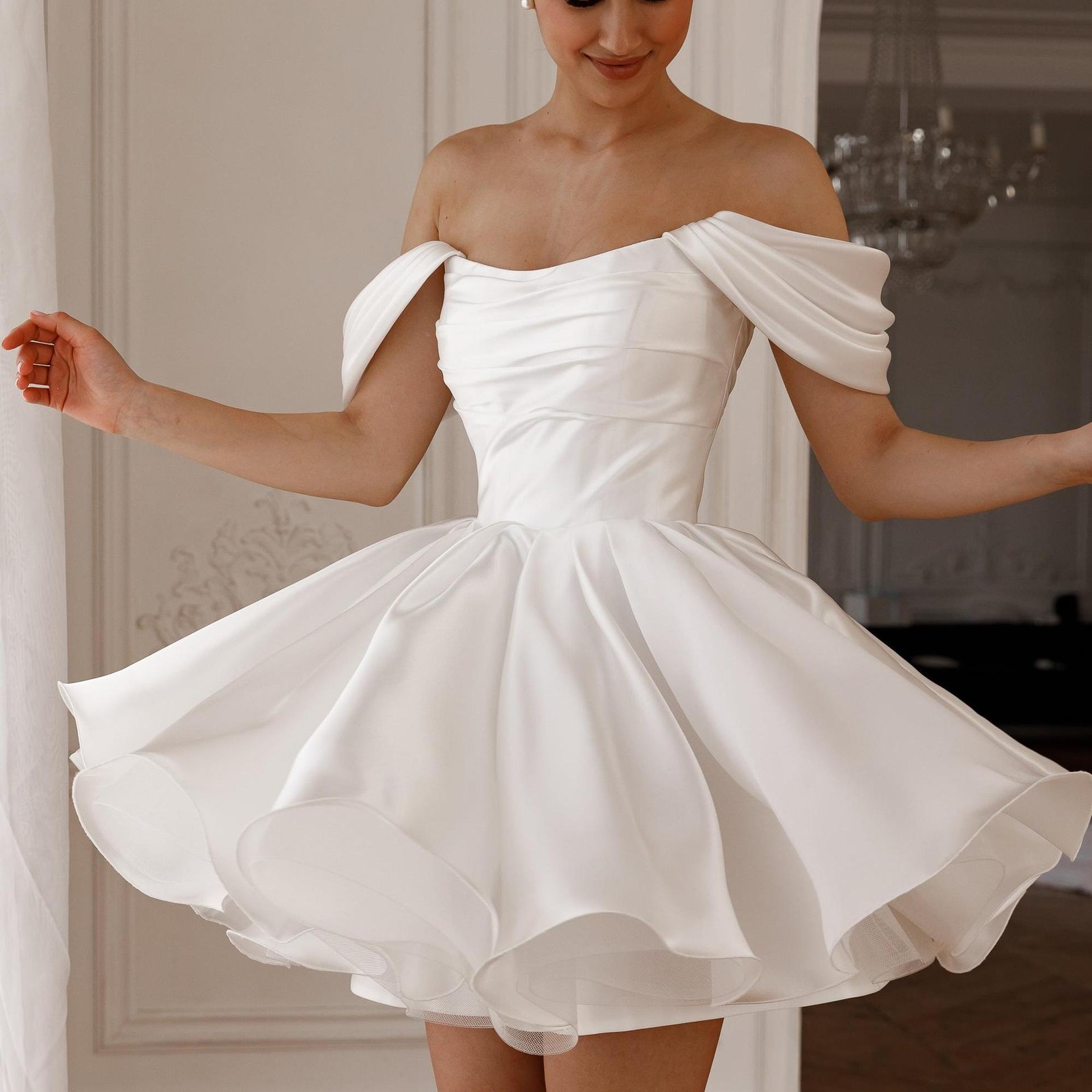 Off Shoulder Draped Mini Dress Pleated Bodice Ruffle Hem Wedding Party GownWhite