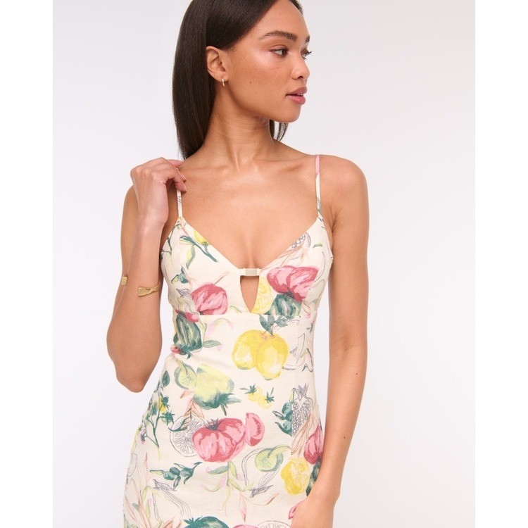 Abercrombie & Fitch Premium Linen Cutout Midi Dress Vegetable Print Cream Med P