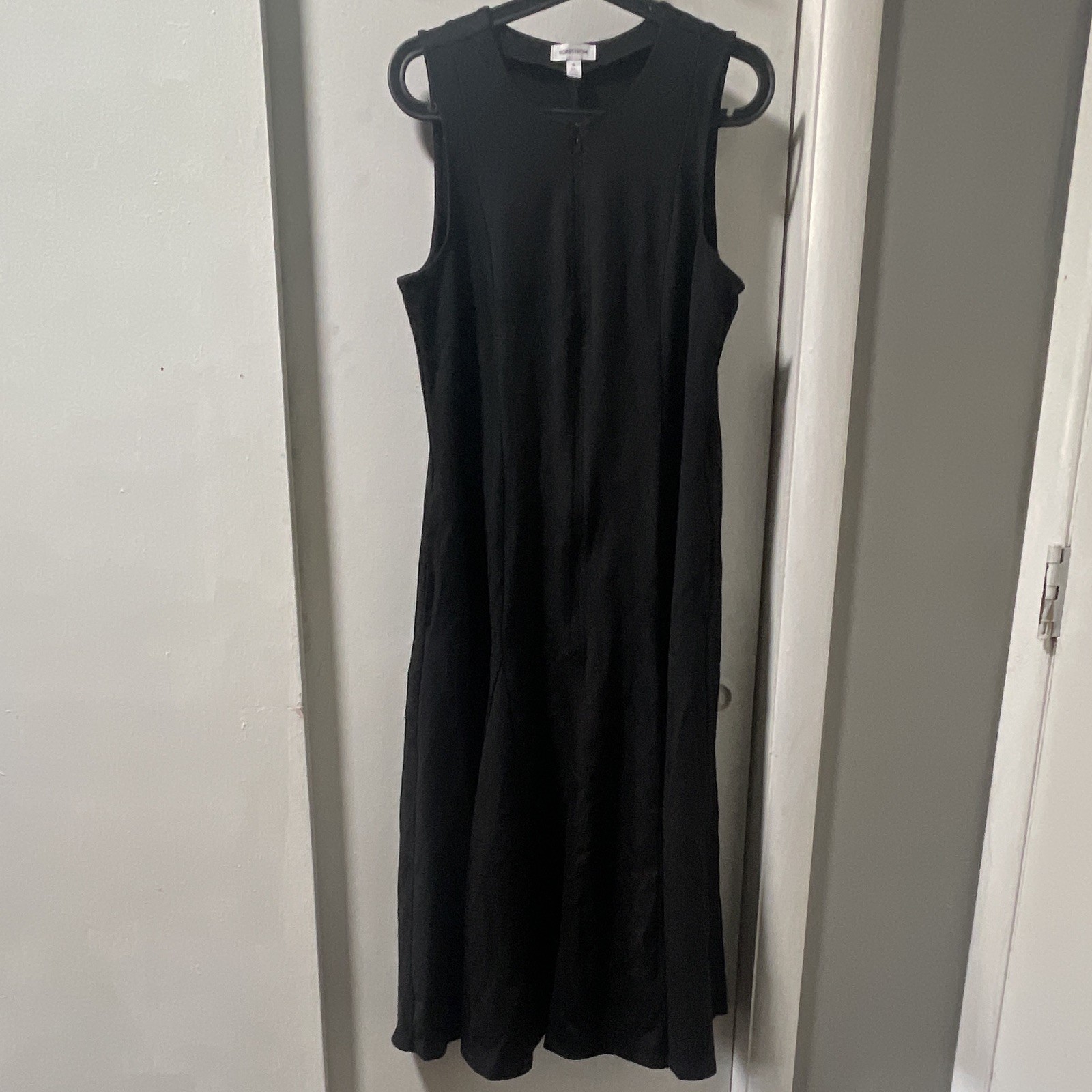 Nordstrom A-Line Dress Sleeveless V-Neck Zip Front Solid Midi Black XL