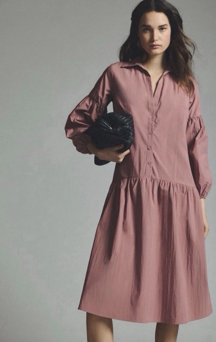 Maeve Anthropologie Button-Front Taffeta Dress Sz SP Mauve Pink