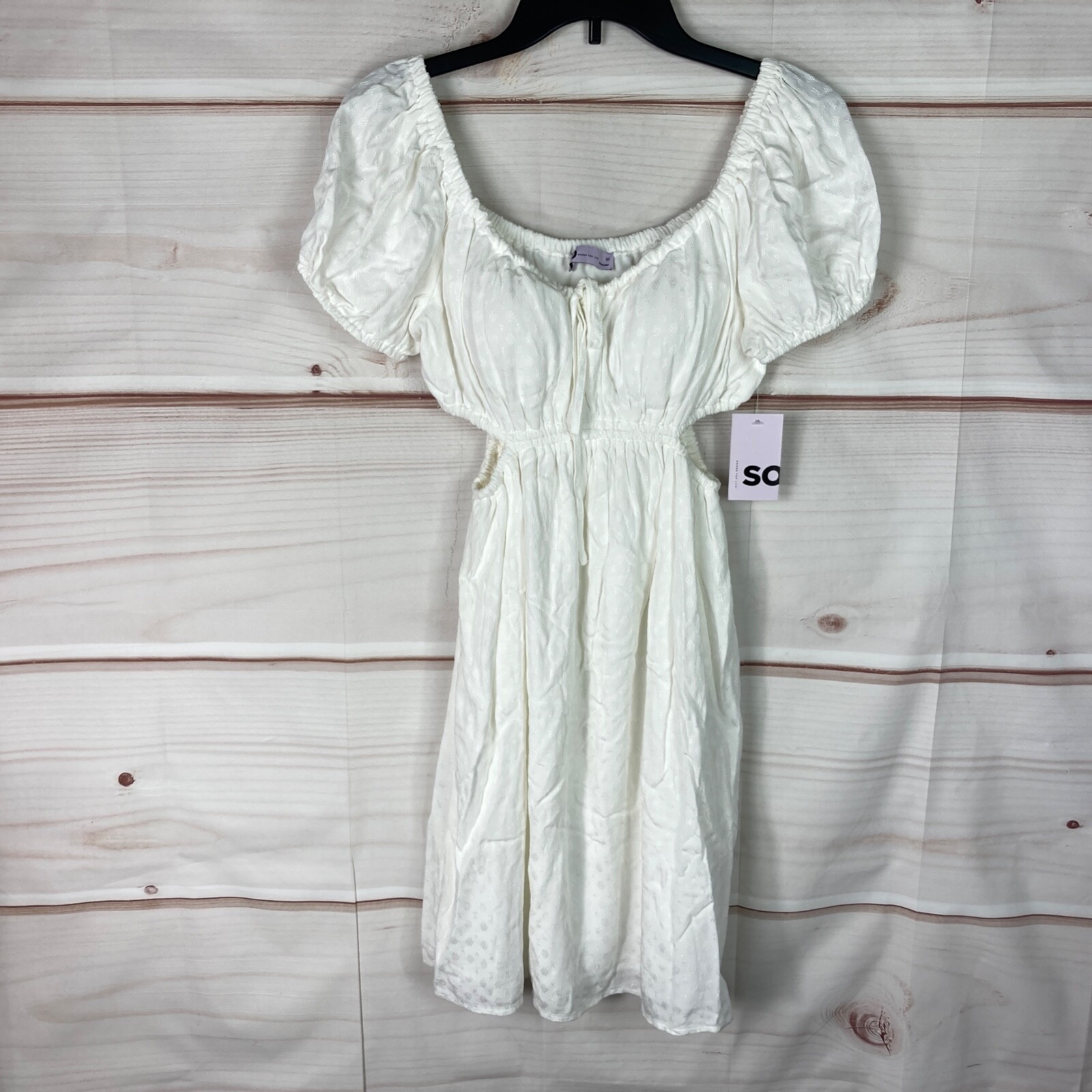 SO Dress Juniors M White Cut Out Elastic Waist Short Sleeve Tie Neck Sundress