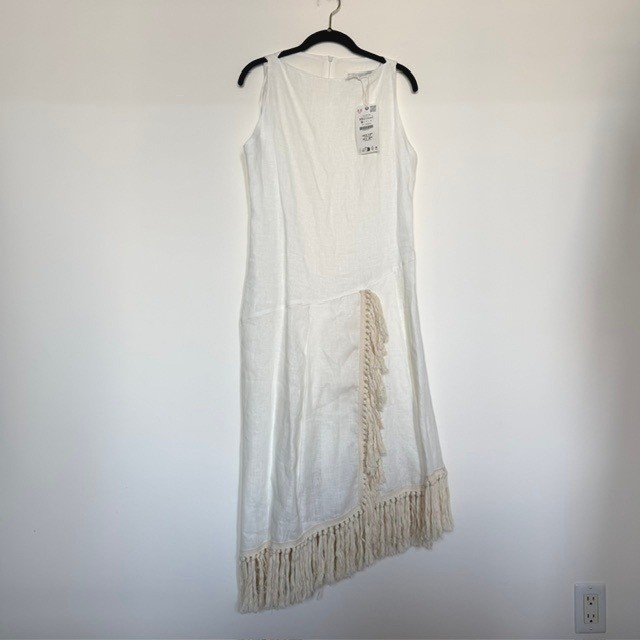 NWT Zara ZW Collection White 100% Linen Fringe Midi Dress Asymmetrical | Size XS