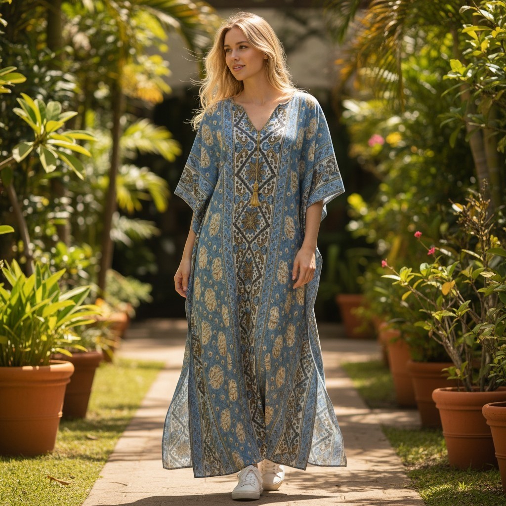 D’Ascoli Dress Womens Medium Blue Boho Floral Tassel Tie Kaftan