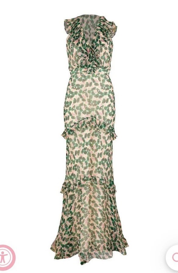Saloni Rita Printed Silk Ruffle Maxi Dress 6 Floral Chiffon Crinkle Elegant