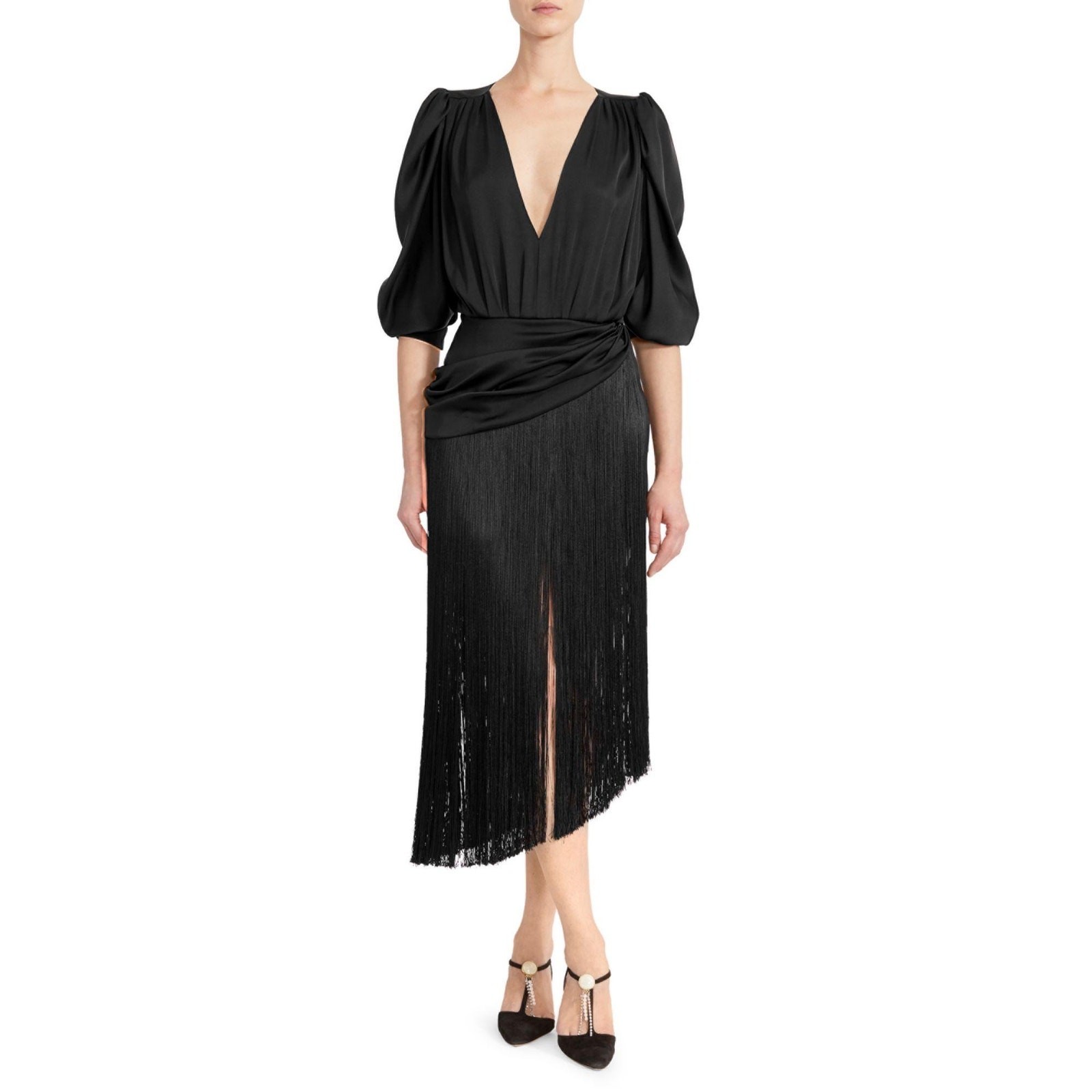 Magda Butrym Wels Black Asymmetric Fringed Silk Satin Midi Dress EU 36 US 4