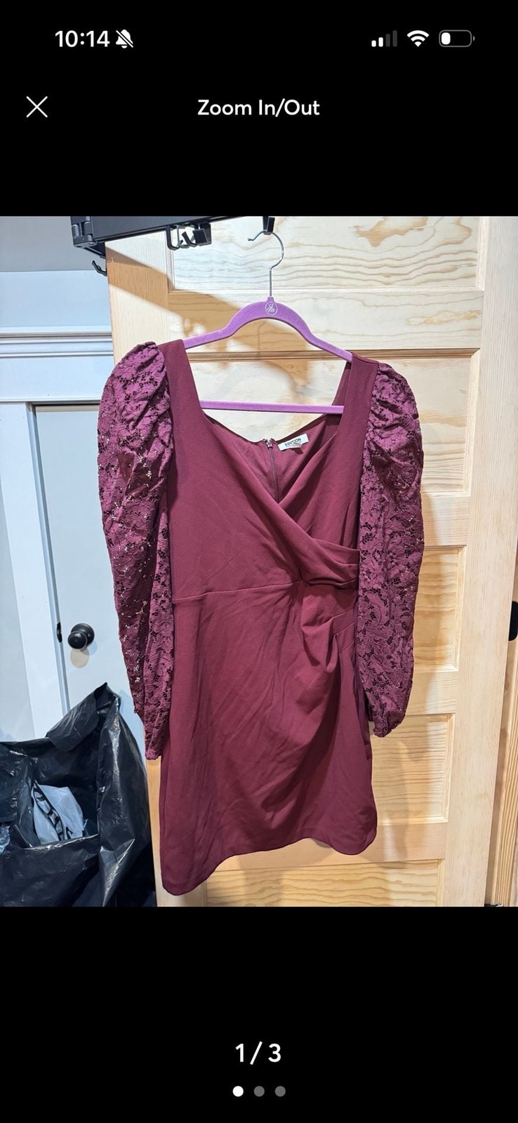 Edition Express Maroon Mini Dress with Lace Puff Sleeves and Ruched Wrap Front