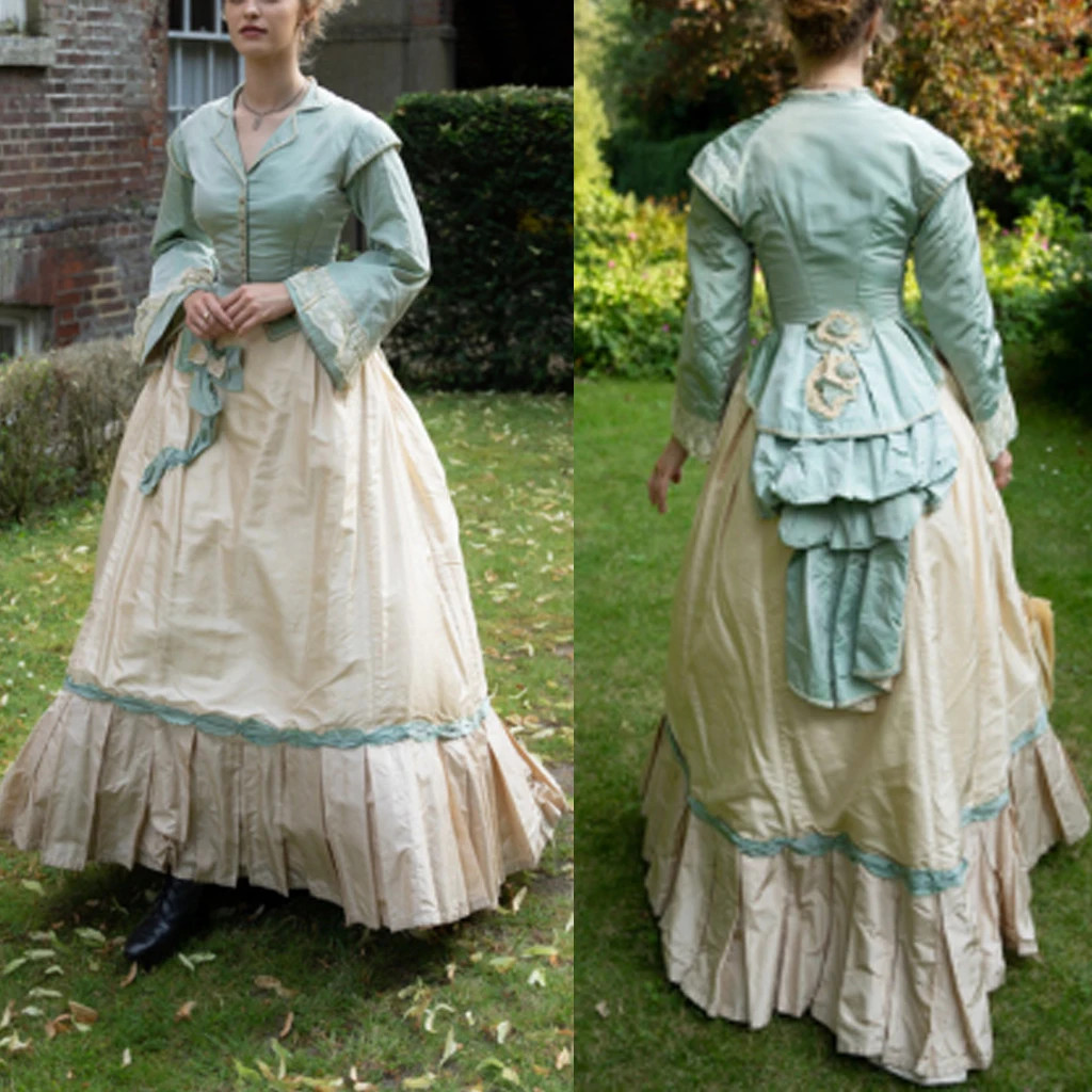 Sage Green Victorian Walking Dress Vintage Civil War Historical Costume Tea Gown