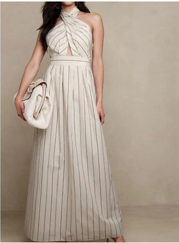Banana Republic Babydoll Linen Maxi Halter Dress Size 4 Tie Racer Back Safari