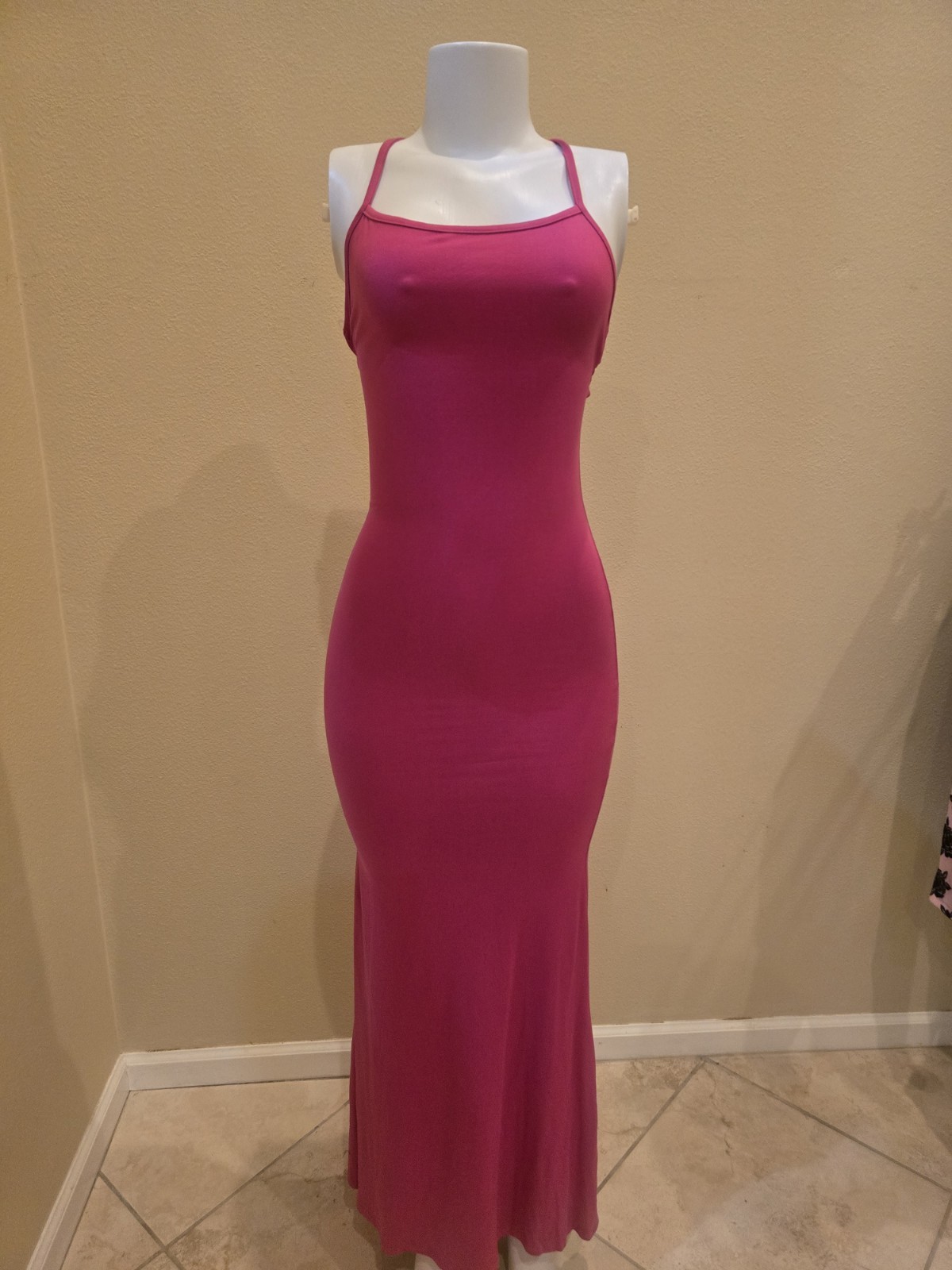 Pink Solid Strappy Square Neck Backless Stretch Bodycon Maxi Dress Size M
