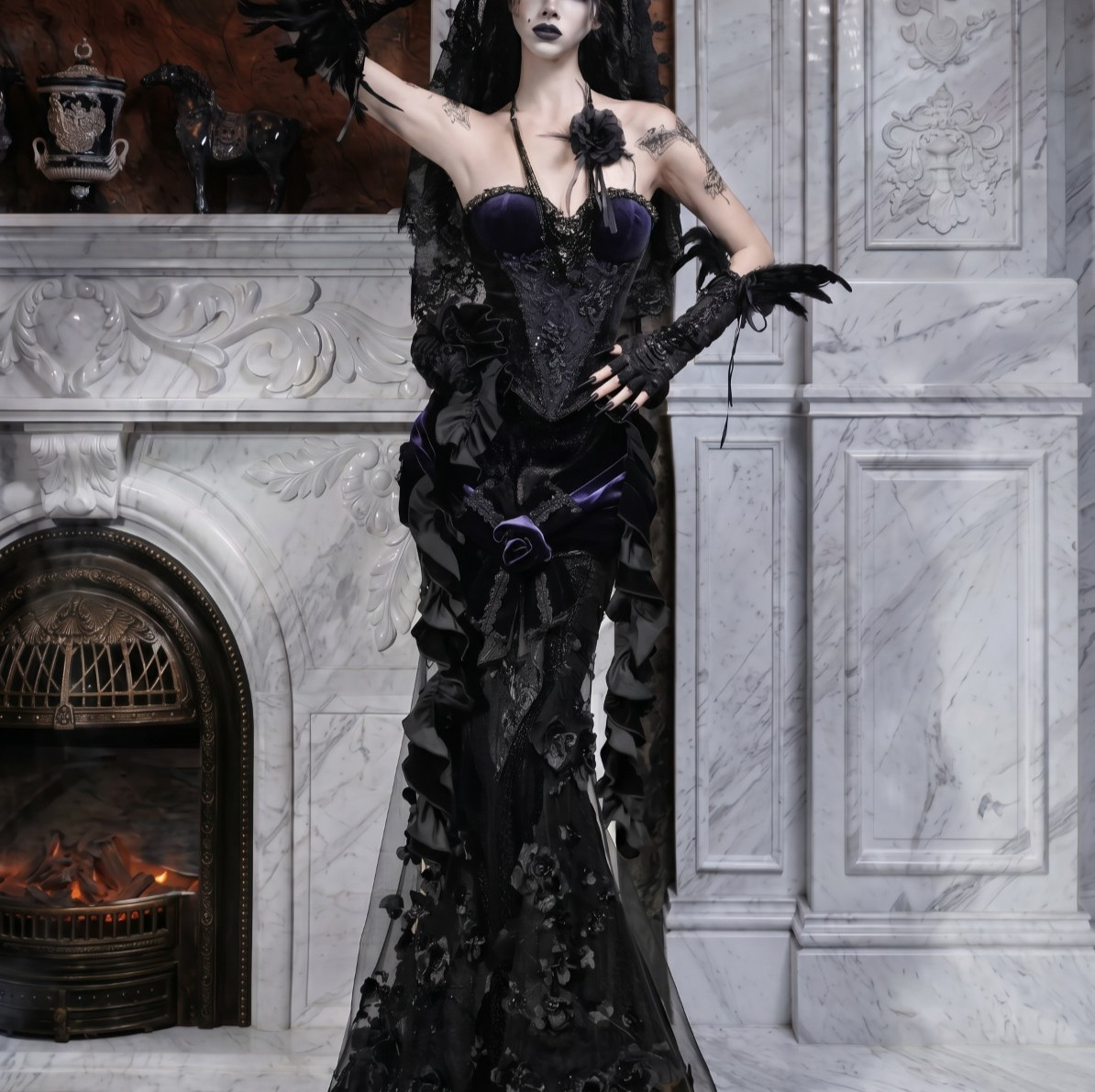 Mourning Day Gothic Beaded Embroidered Fishtail Maxi Dress