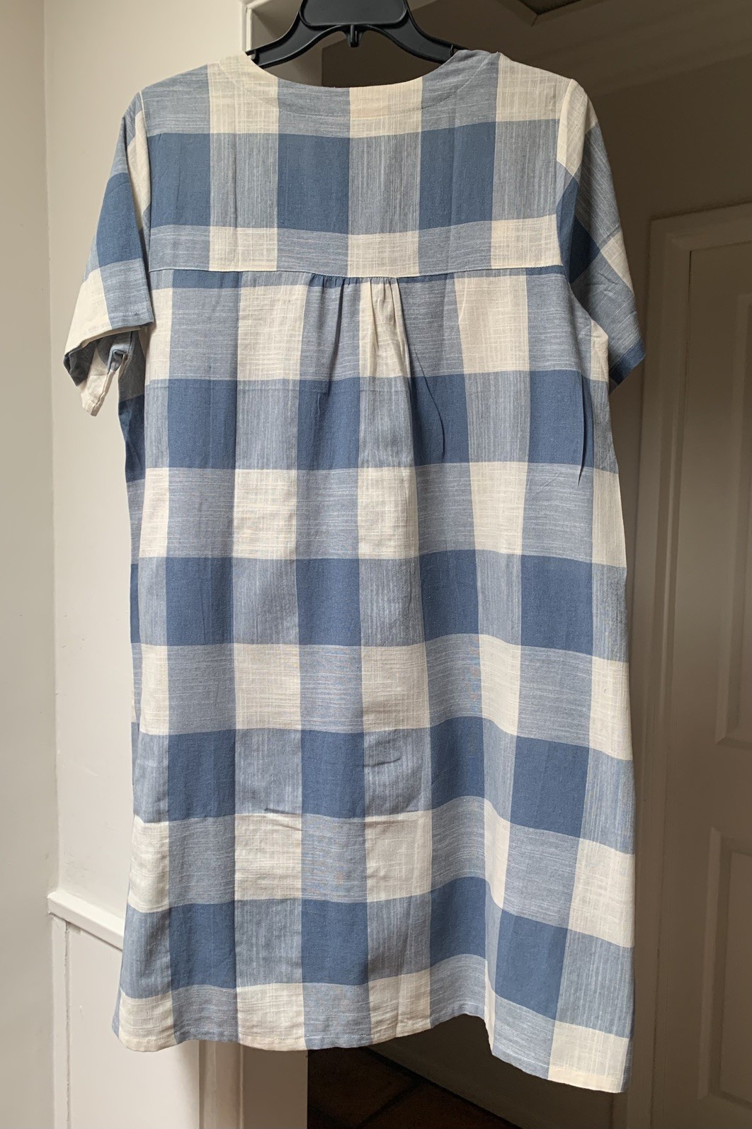 Buffalo Check Plaid Everyday A LINE LINEN COTTON Dress BLUE White XL