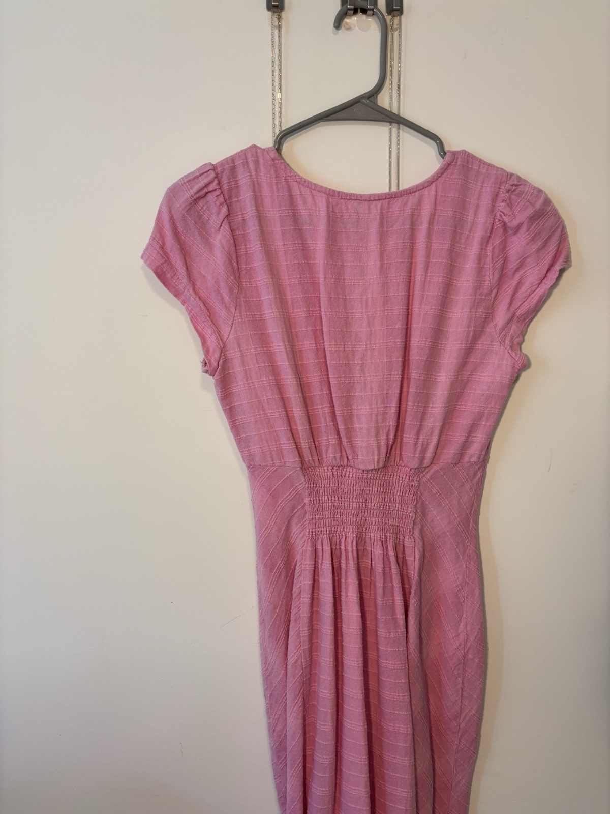 Free People Pink Rayon Woven Solid V-Neck Button Front Cap Sleeve Maxi Dress M
