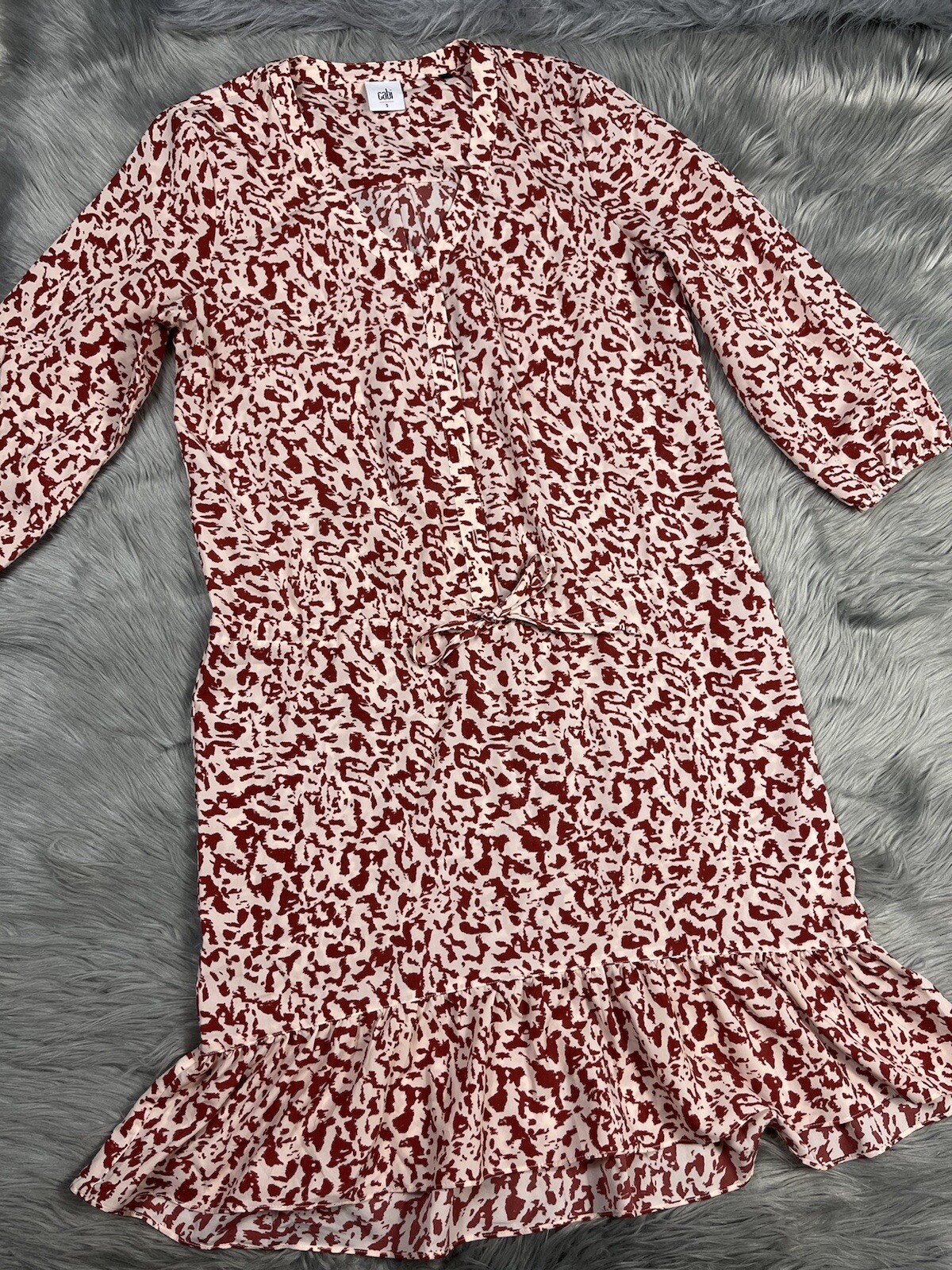 Cabi 5046 Sienna Rust Animal Print Drawstring Waist Ruffle Dress Size Small