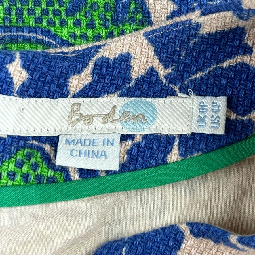 Boden Blue and Tan Tapestry Notch Neck Zip Back Sheath Dress Sz 4P 50’s Inspired