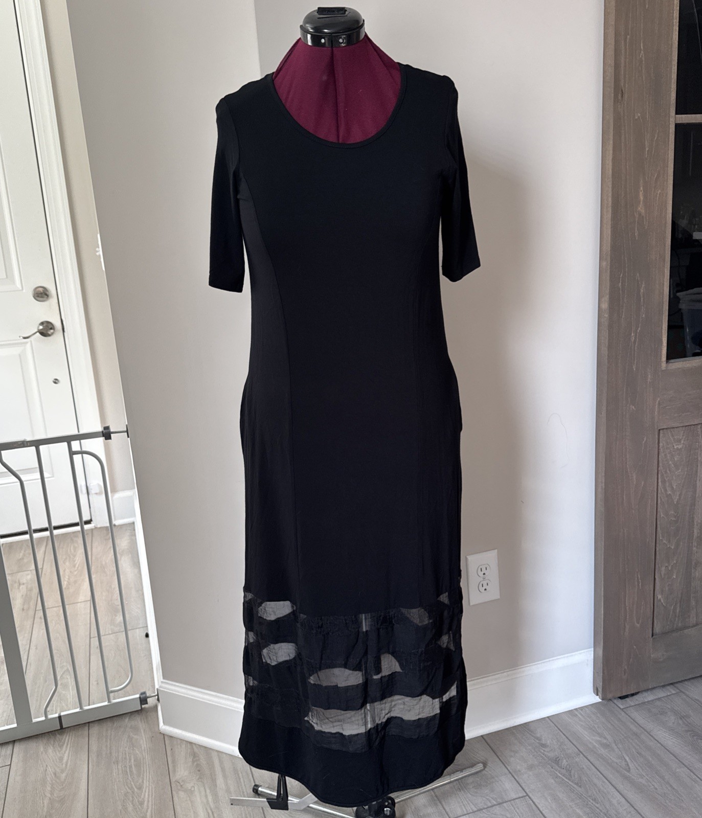 Luukaa Women 6 Black Pullover Midi Dress Sheer Striped Bottom Whimsigoth Pockets