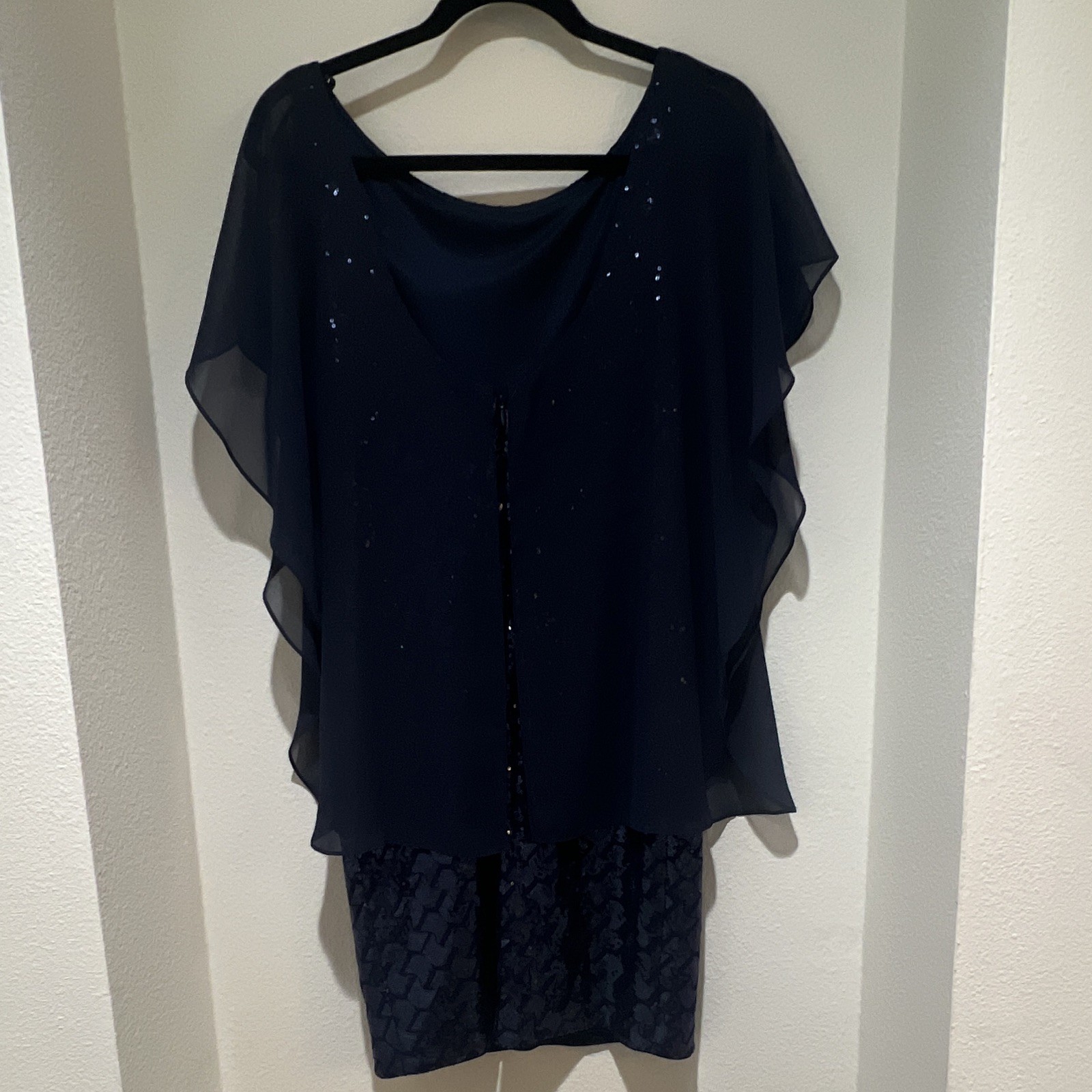 Laundry By Shelli Segal Navy Sequin Chiffon Overlay Sheath Scoop Knee 6