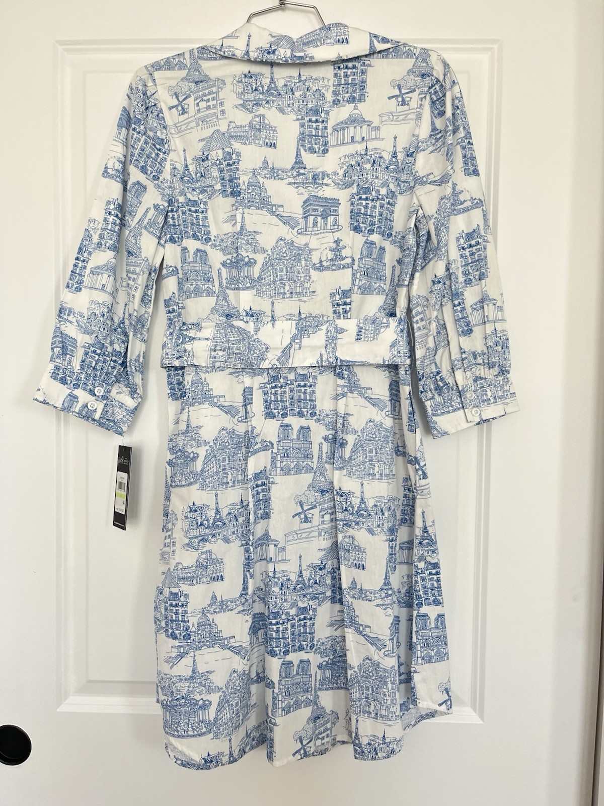 Karl Lagerfeld Paris White/Blue Toile Belted Shirt Dress Pockets 3/4 Sz 4