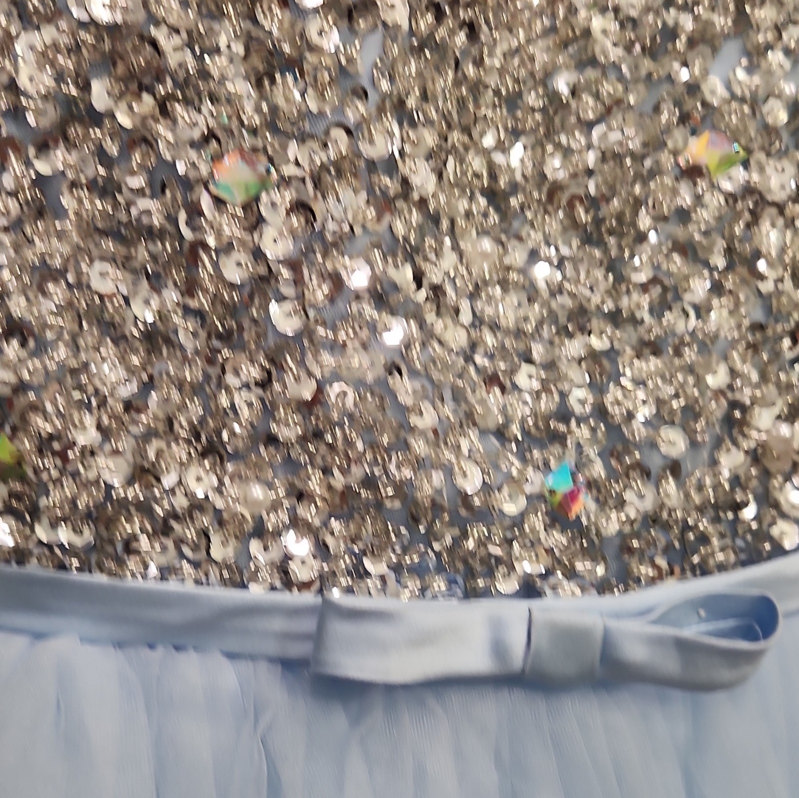 Blue Tulle Long Formal Gown, Silver Sequin Bodice, Satin Bow, Size 4
