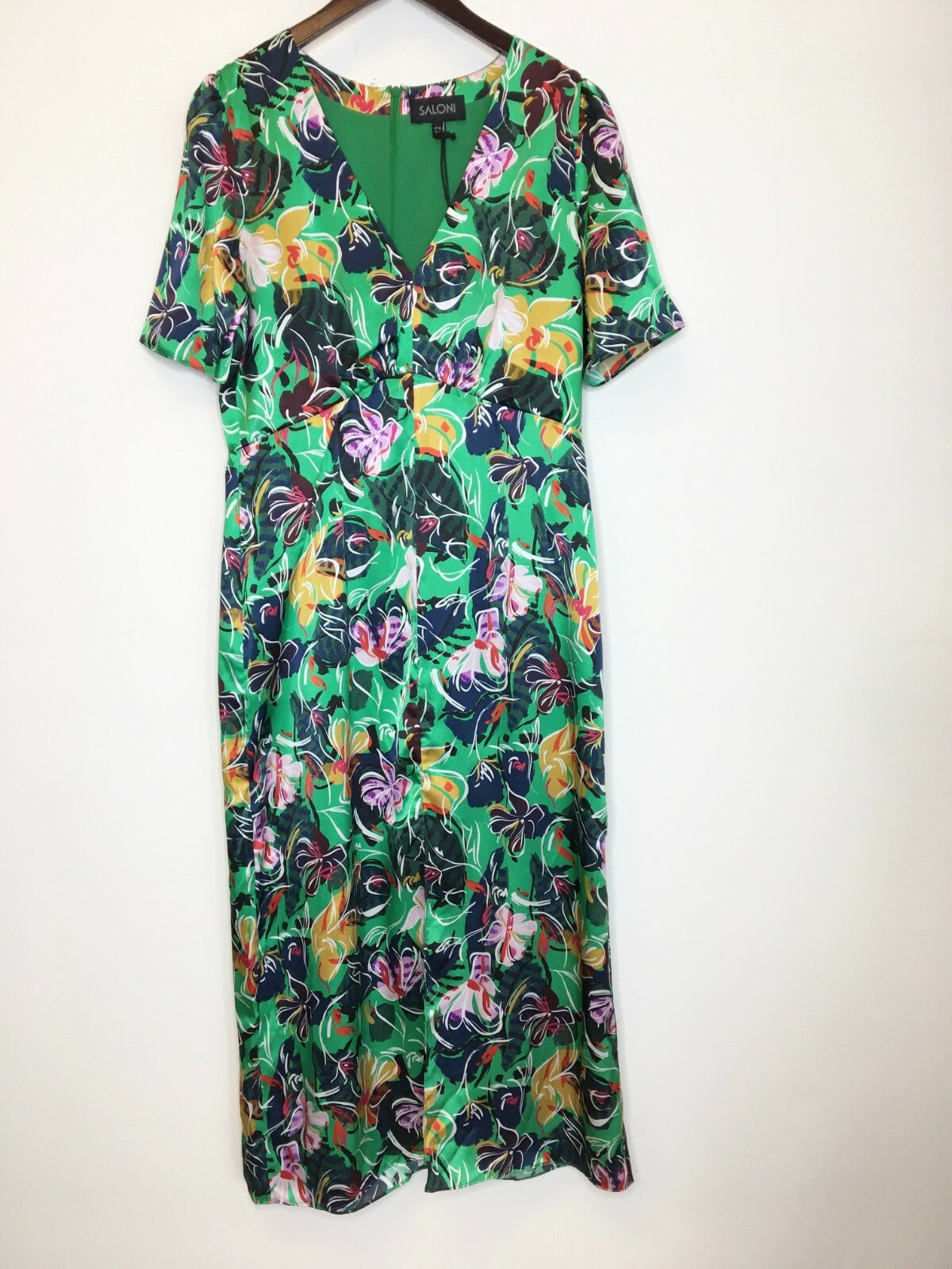 SALONI Green Floral Botanical Print EDEN Satin Silk Hi-Slit Midi Dress 10US 14UK