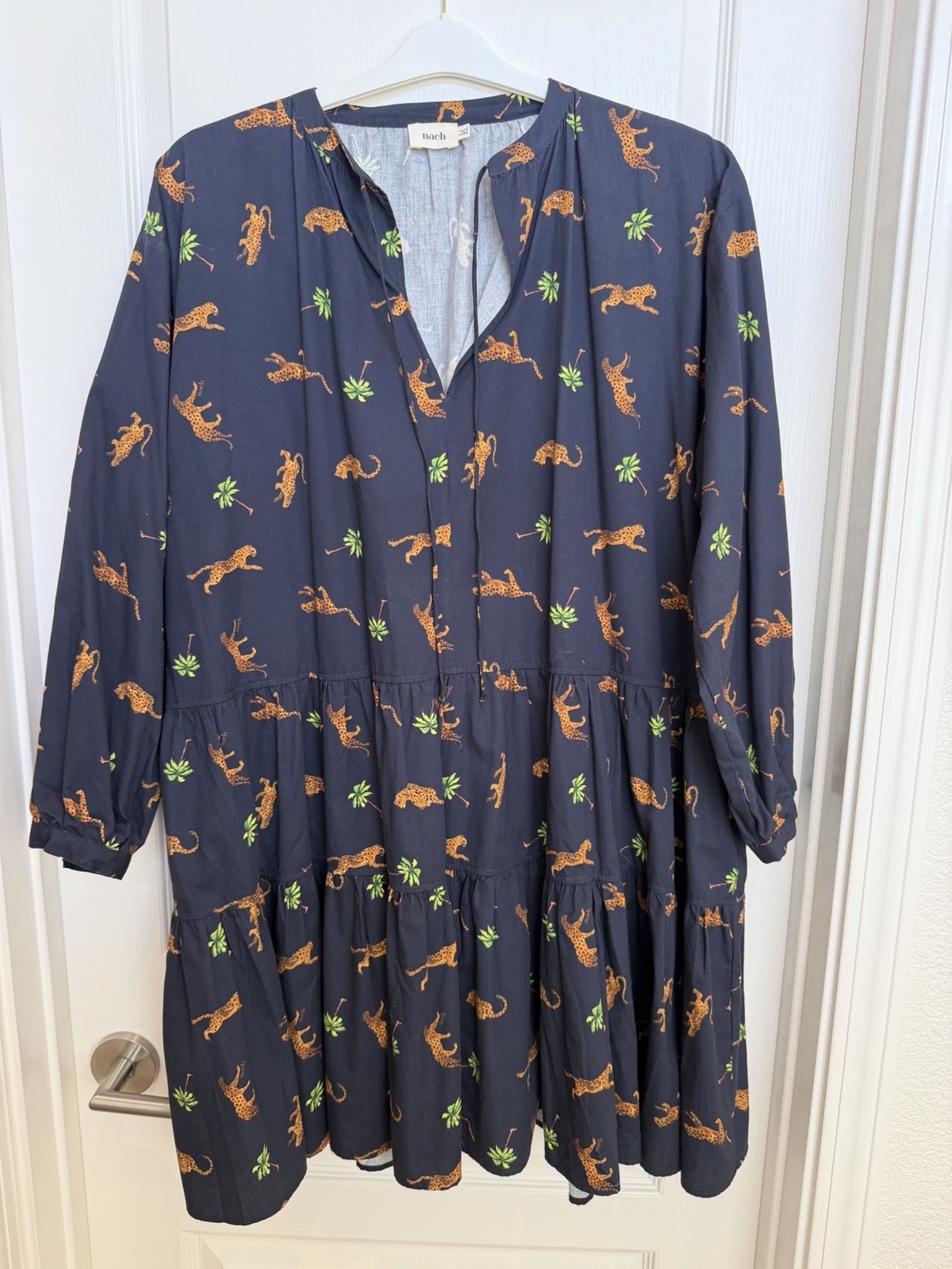 Nach Women’s Tiered Leopard & Palm Tree Print Dress Navy Long Sleeve Size XL