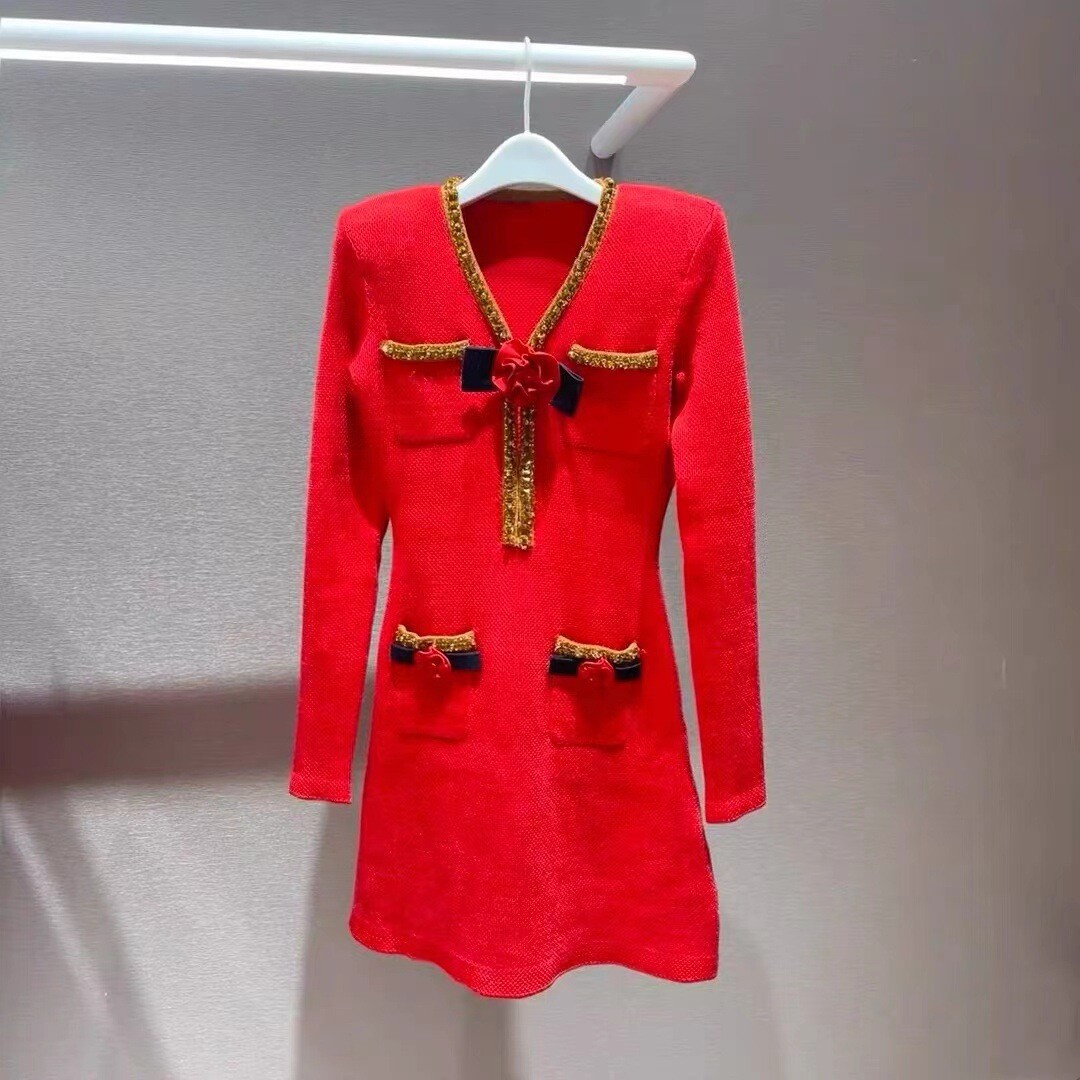 Self-Portrait red Diamond moulding sequin Rose Knitted dress