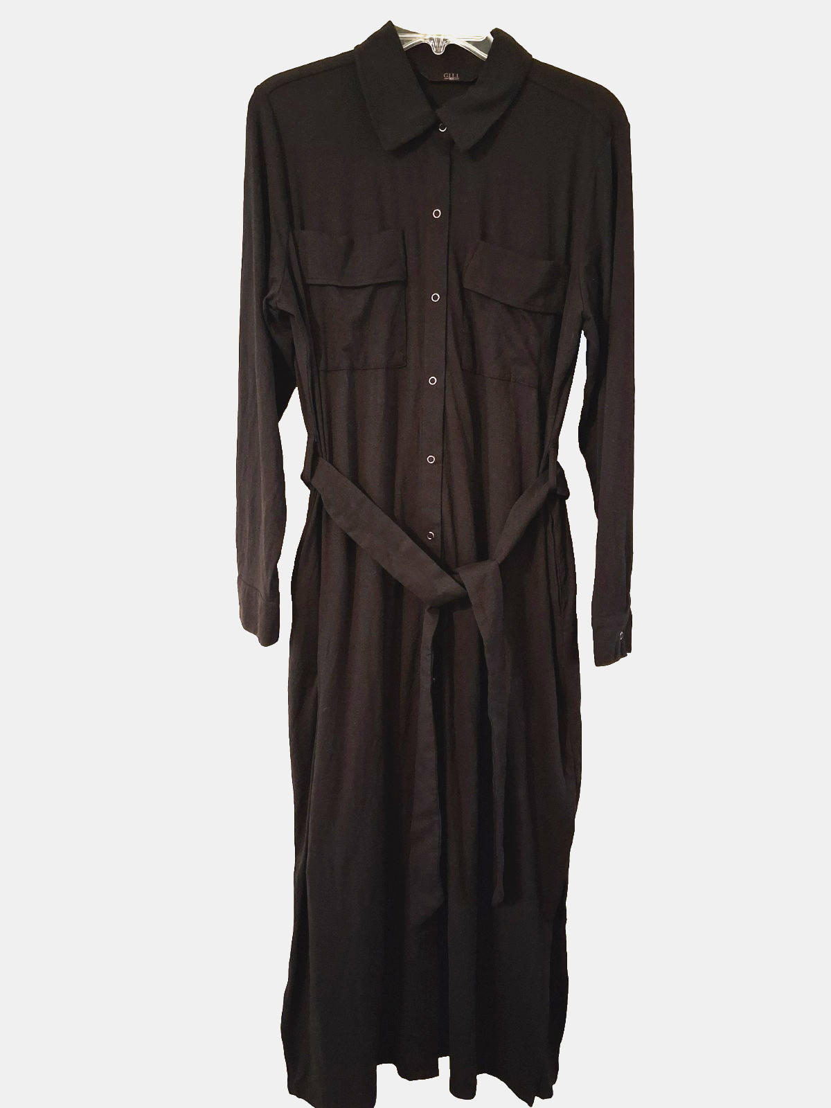 Black Jersey Shirt Dress Large Lightweight Belted Snap Close Collar Career NWOT