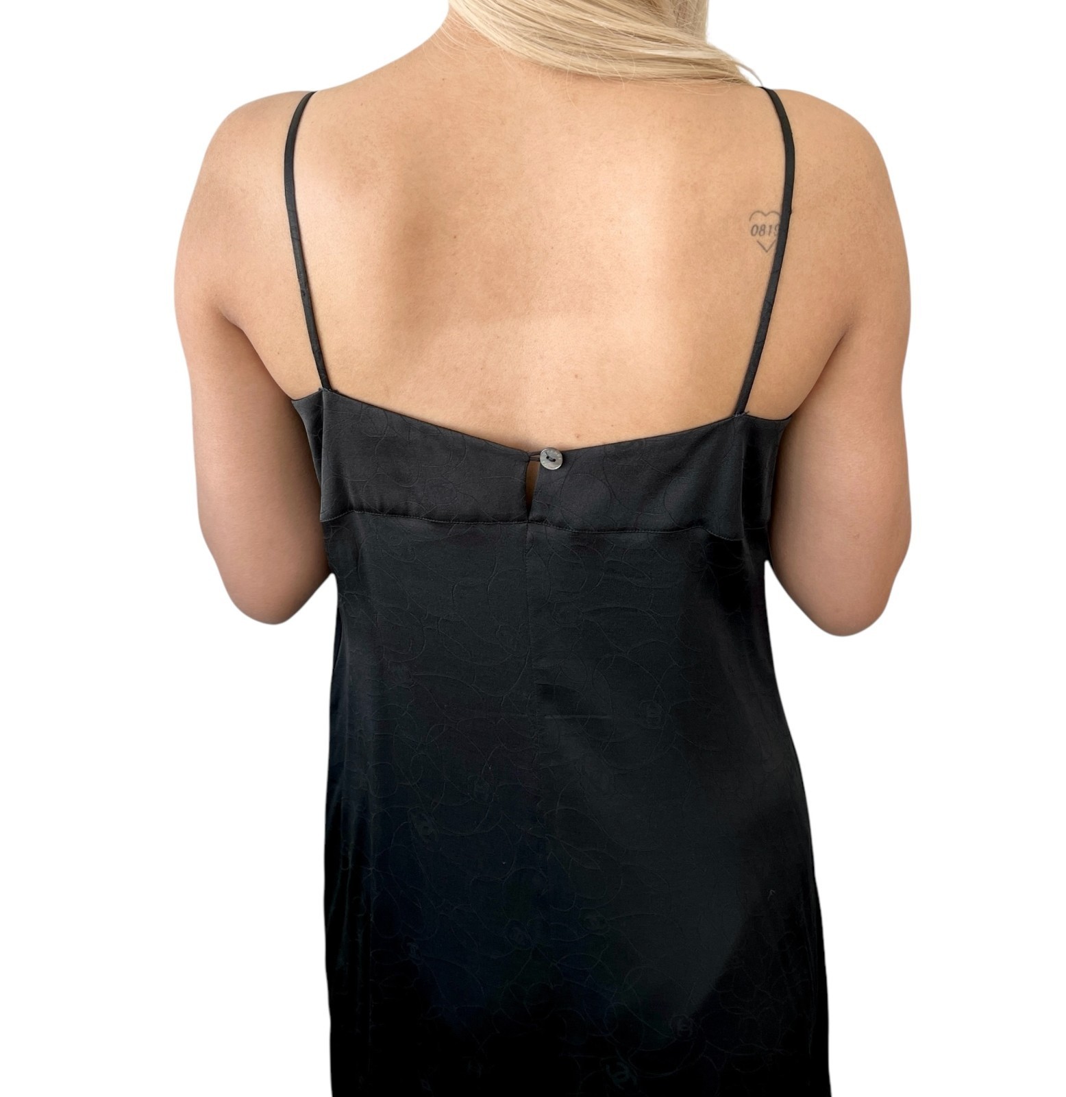 CHANEL Vintage 01P CC Logo Dress One-piece Flower Camellia Button Black Silk