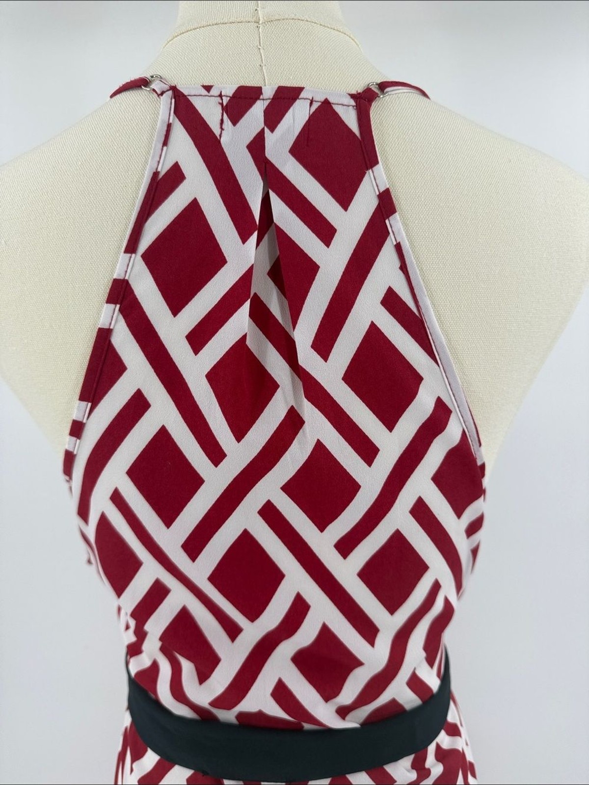 Sleeveless Red Geometric Midi Dress with navy Trim