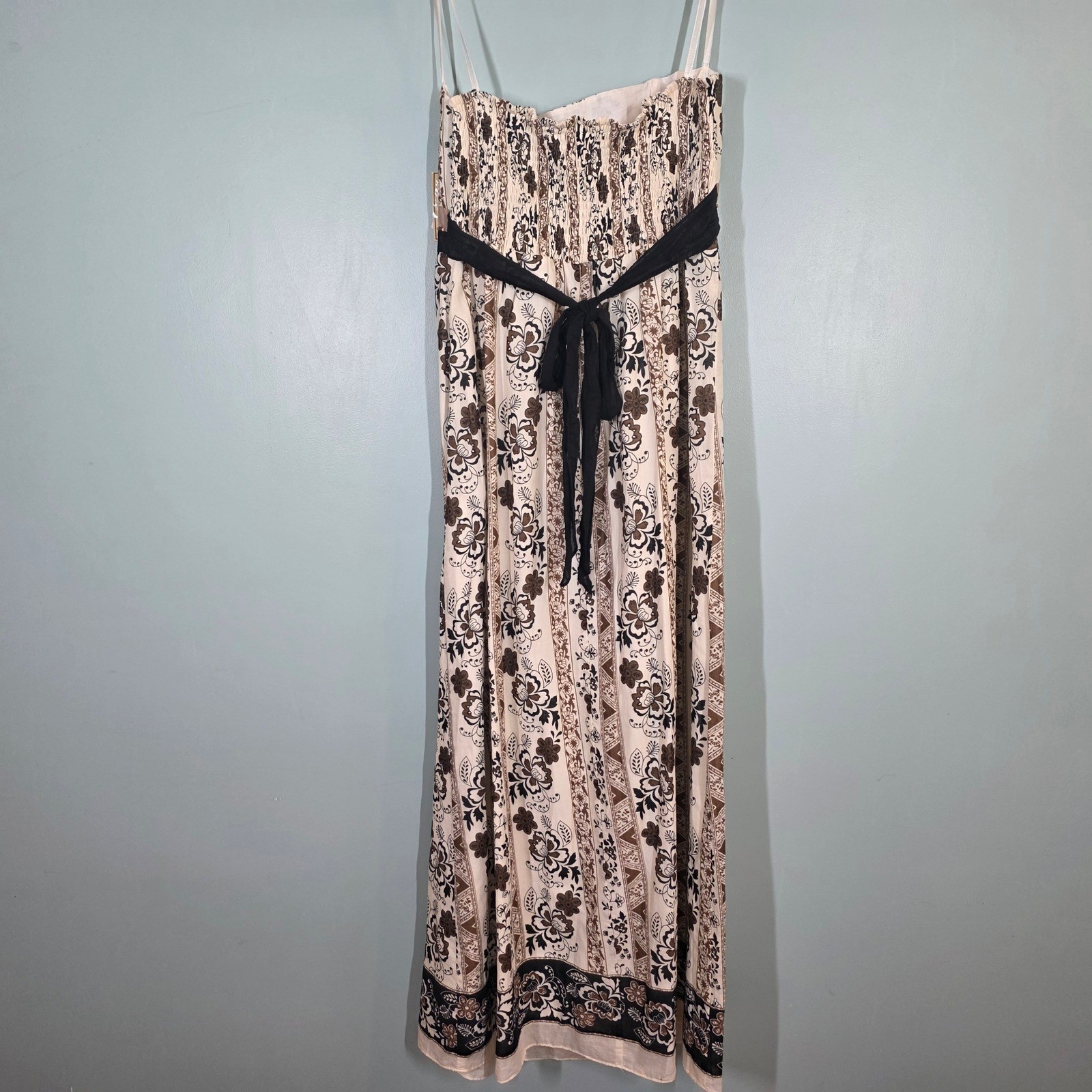 Jonathan Martin Womens Cotton Floral Maxi Dress Beaded Strapless Black Tan 12