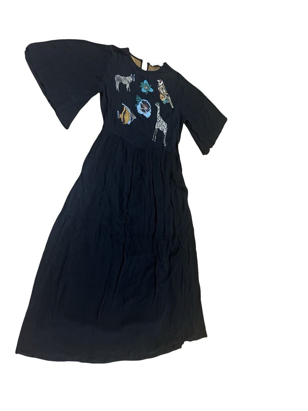HTF Zara Maxi Dress Black Flowy Embroidered Animals Flowers Tiered Boho Witchy M