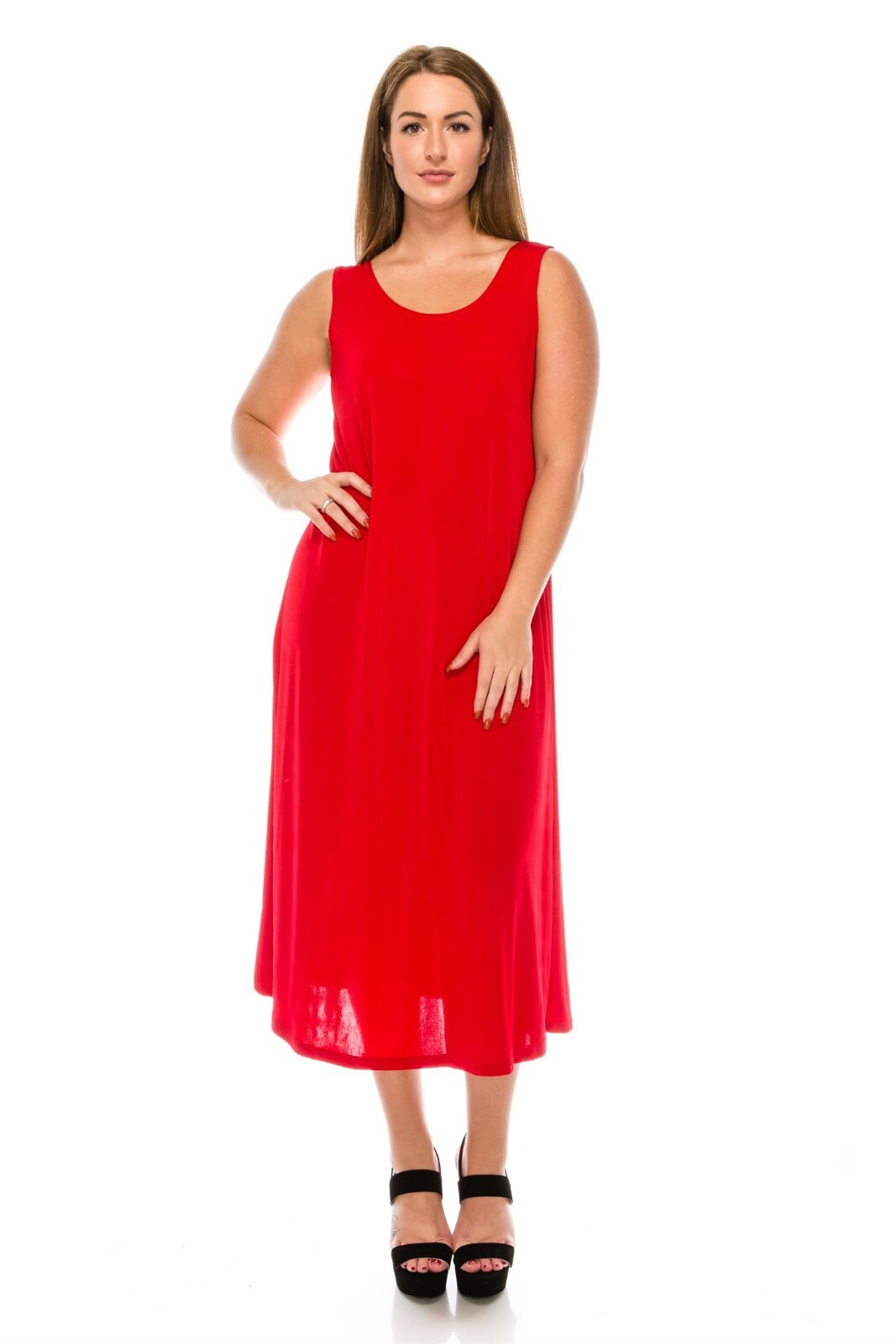 Travel Knit Dress, long A-Line Tank, Stretchy NO-IRON poly/span. Red, 700