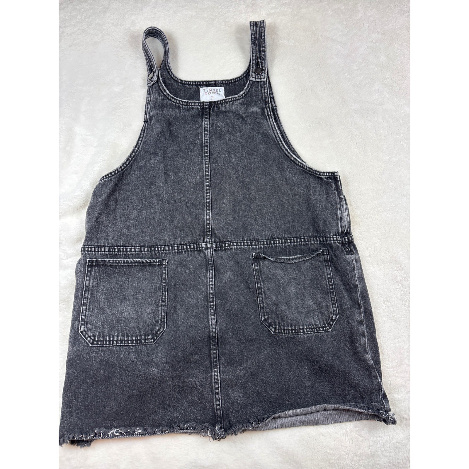 Tinsel Town Womens XL Black Acid Wash Denim Pinafore Overall Mini Dress Frayed