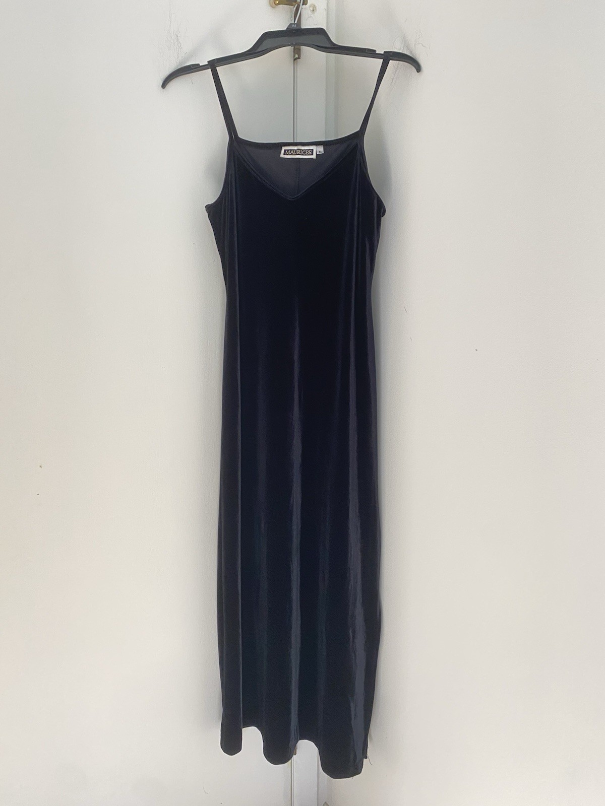 Vintage 1990s Black Velvet Slip Dress Spaghetti Strap V-neck Slit Witchy Goth