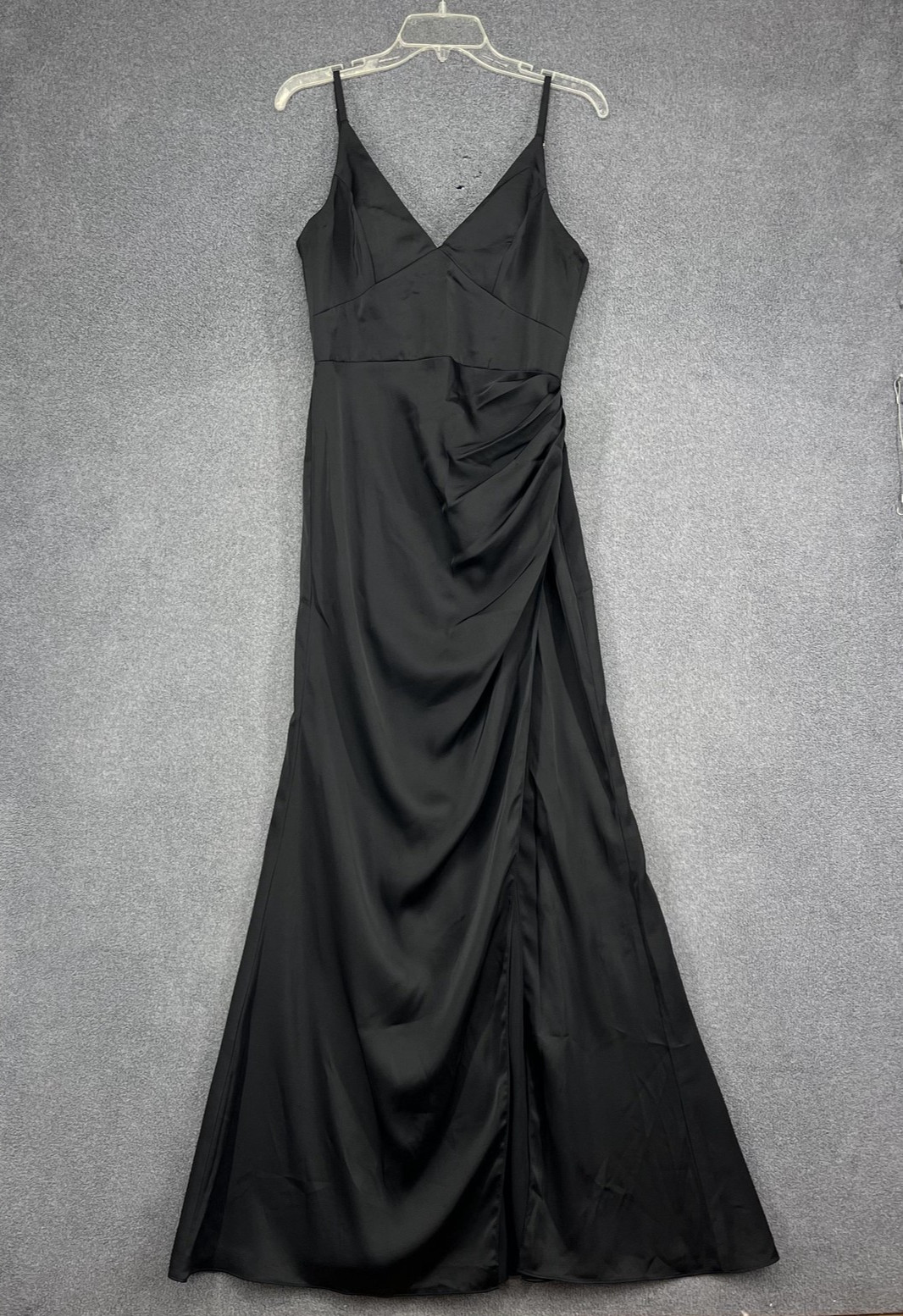 Azazie Dress Womens A8 Black Satin V Neck Spaghetti Strap Ruched Maxi Formal