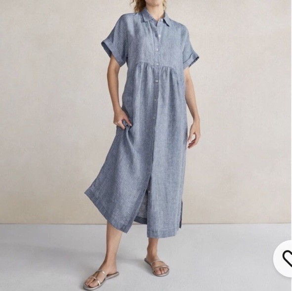 Haven Well Within Talbots Linen Button Front Midi Shirt Dress Blue Extra Small