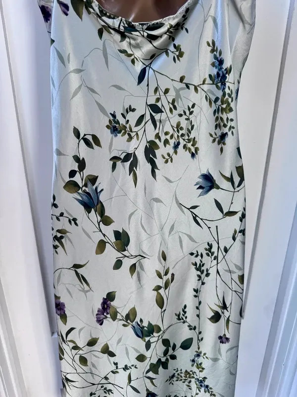 Monsoon 100% Silk Vintage Floral Cami Midi Dress UK 14 Sage Green Wedding Guest