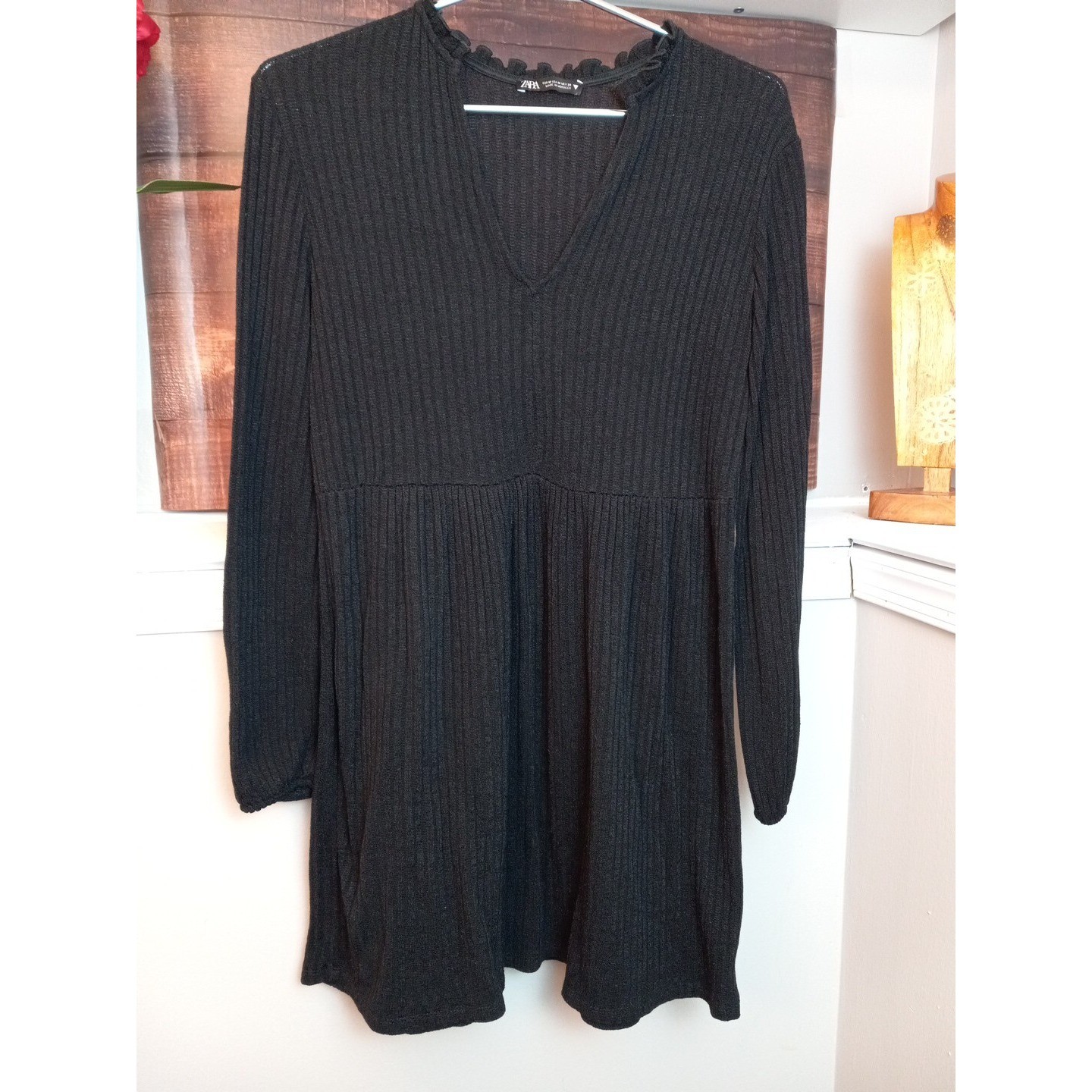 Zara Textured Black Ribbed Long Sleeve Dress Size M