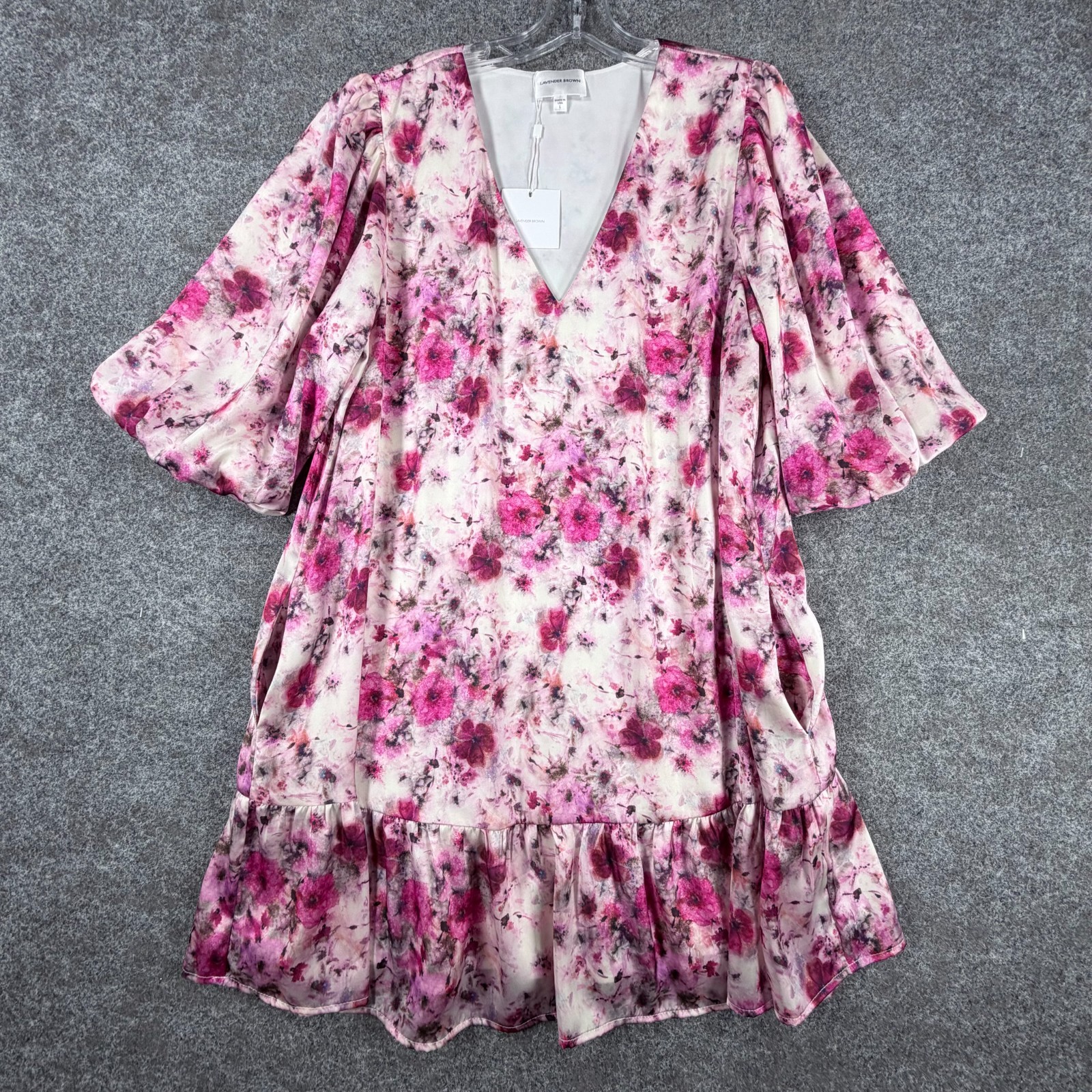 NWT Lavender Brown Isla Dress Womens L Berry Multicolor Puff Sleeve Lined