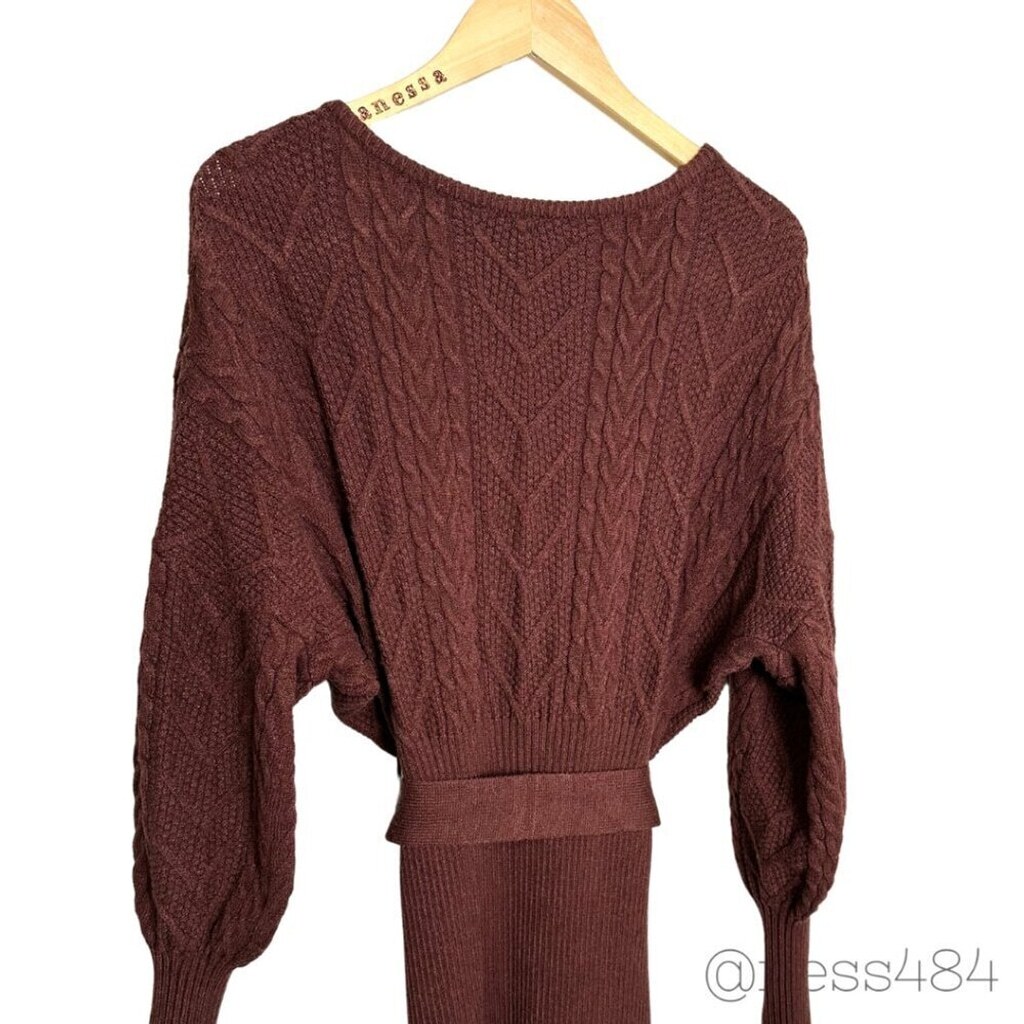 HERA Collection Cable Knit Wrap Sweater Dress Belted Long Sleeve Brown Size L