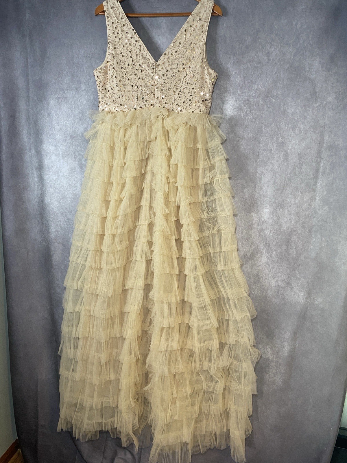 Glam Faeriesty Whimsical Prom Dress Size XL Ruffle Sequin Tulle Cream