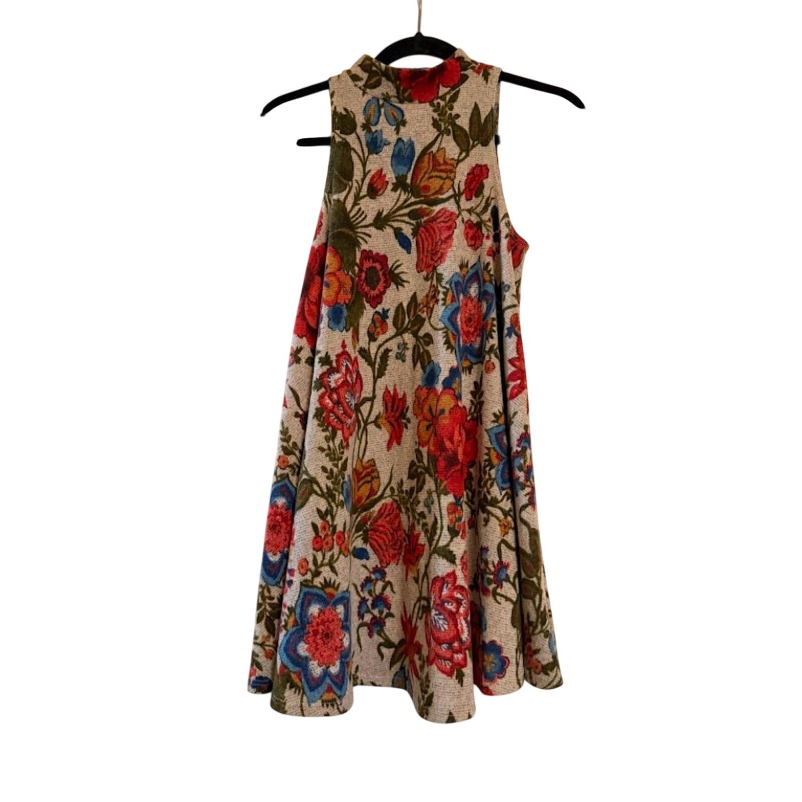 Black Bead Soft Floral Swing Dress Boho Mock Neck Size Medium