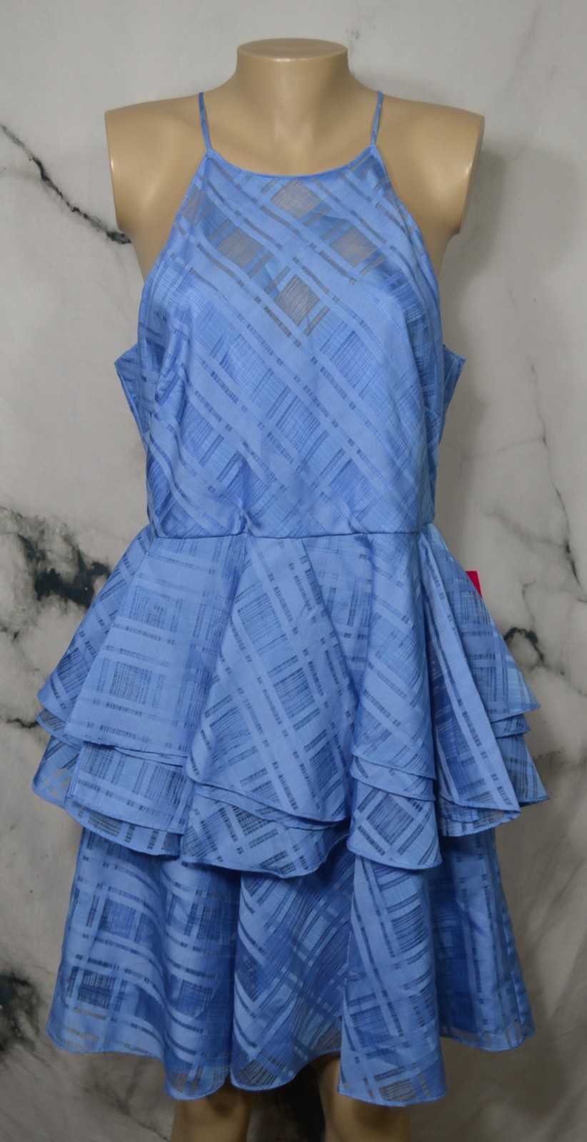 BELLE BADGLEY MISCHKA NEW NWT Blue Belle Strappy Peplum Fit & Flare Dress 14